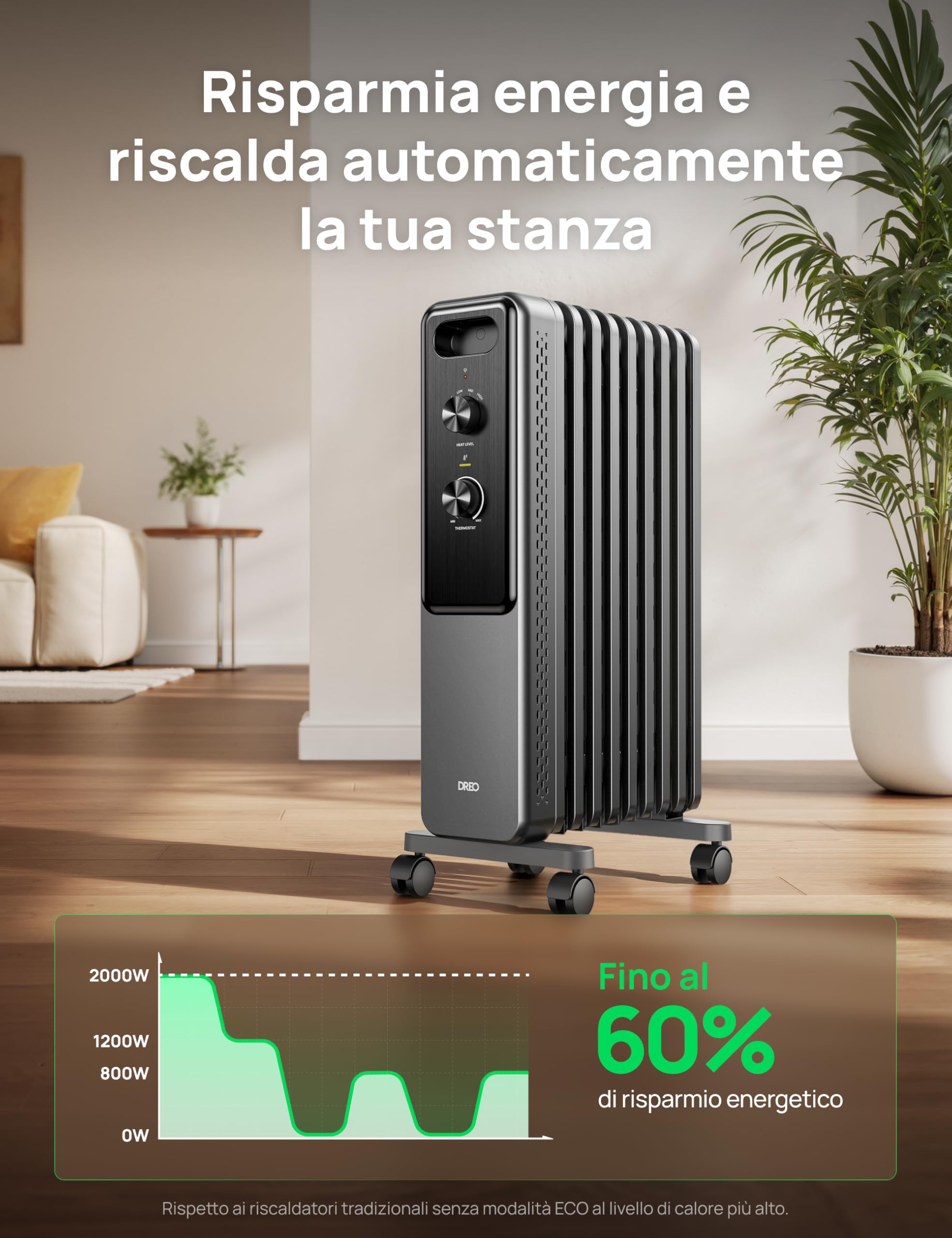 Dreo Radiatore a olio 2000W con 9 elementi, stufa elettrica silenziosa per camera da letto, termostato regolabile, protezione surriscaldamento e ribaltamento, blocco bambini e risparmio energetico