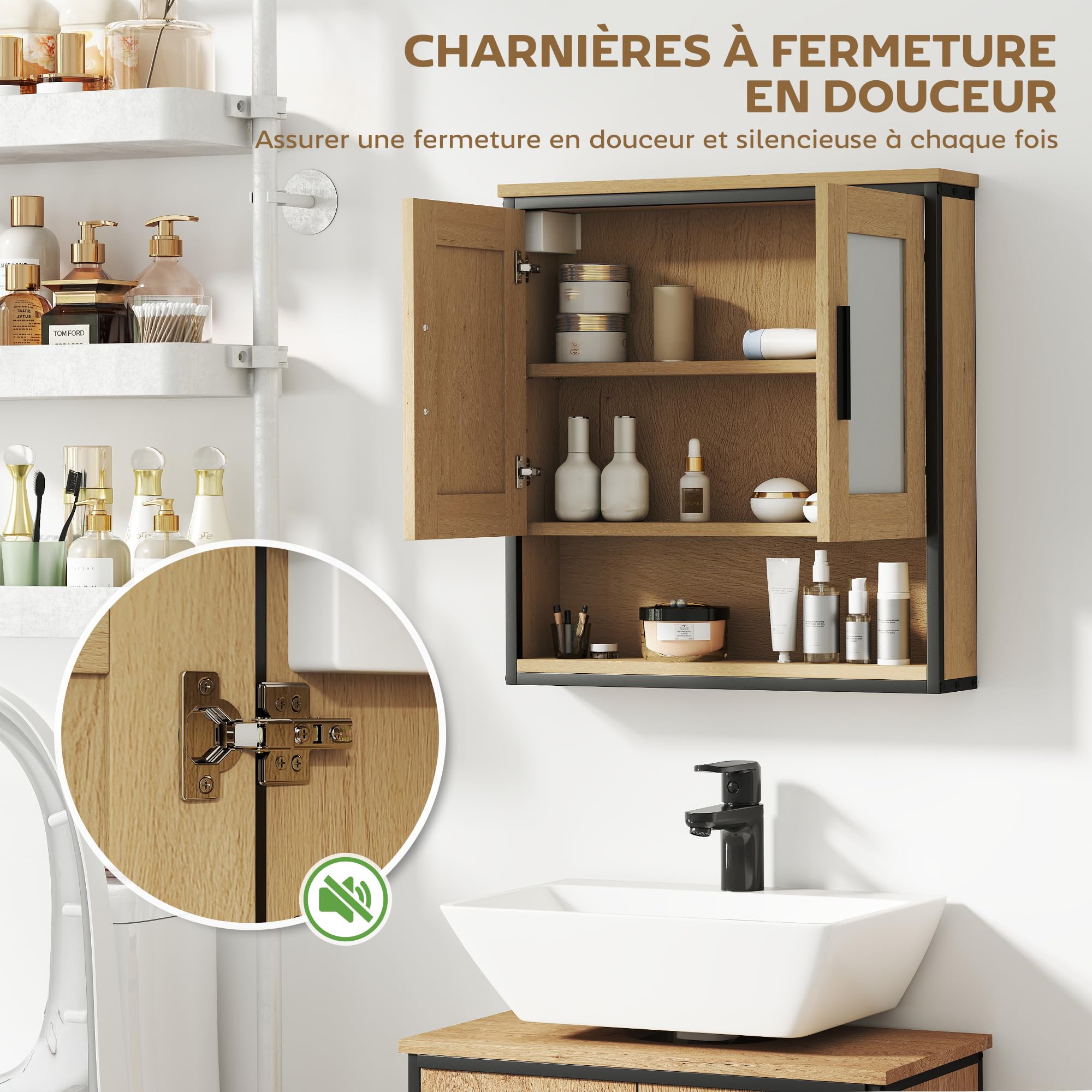 HOMCOM Armoire Murale Salle de Bain avec Miroir, Meuble Salle de Bain, Armoire de Toilette avec Compartiment Ouvert et étagère réglable, chêne