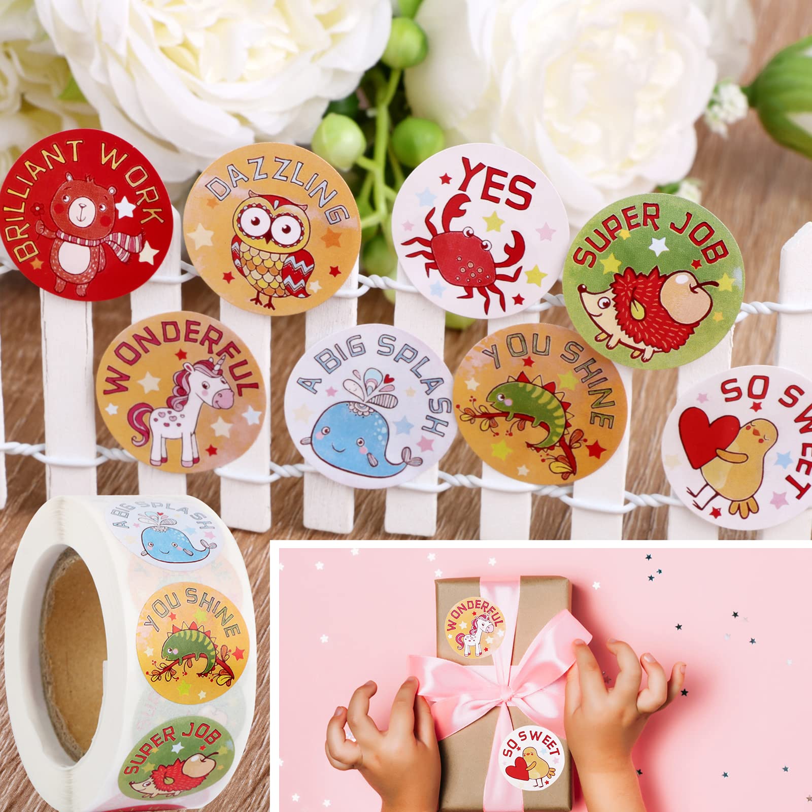 1000 Pcs (2 Roll, 1 Inch) Reward Stickers Roll Animal Cartoon Lovely Stickers Fun Motivational