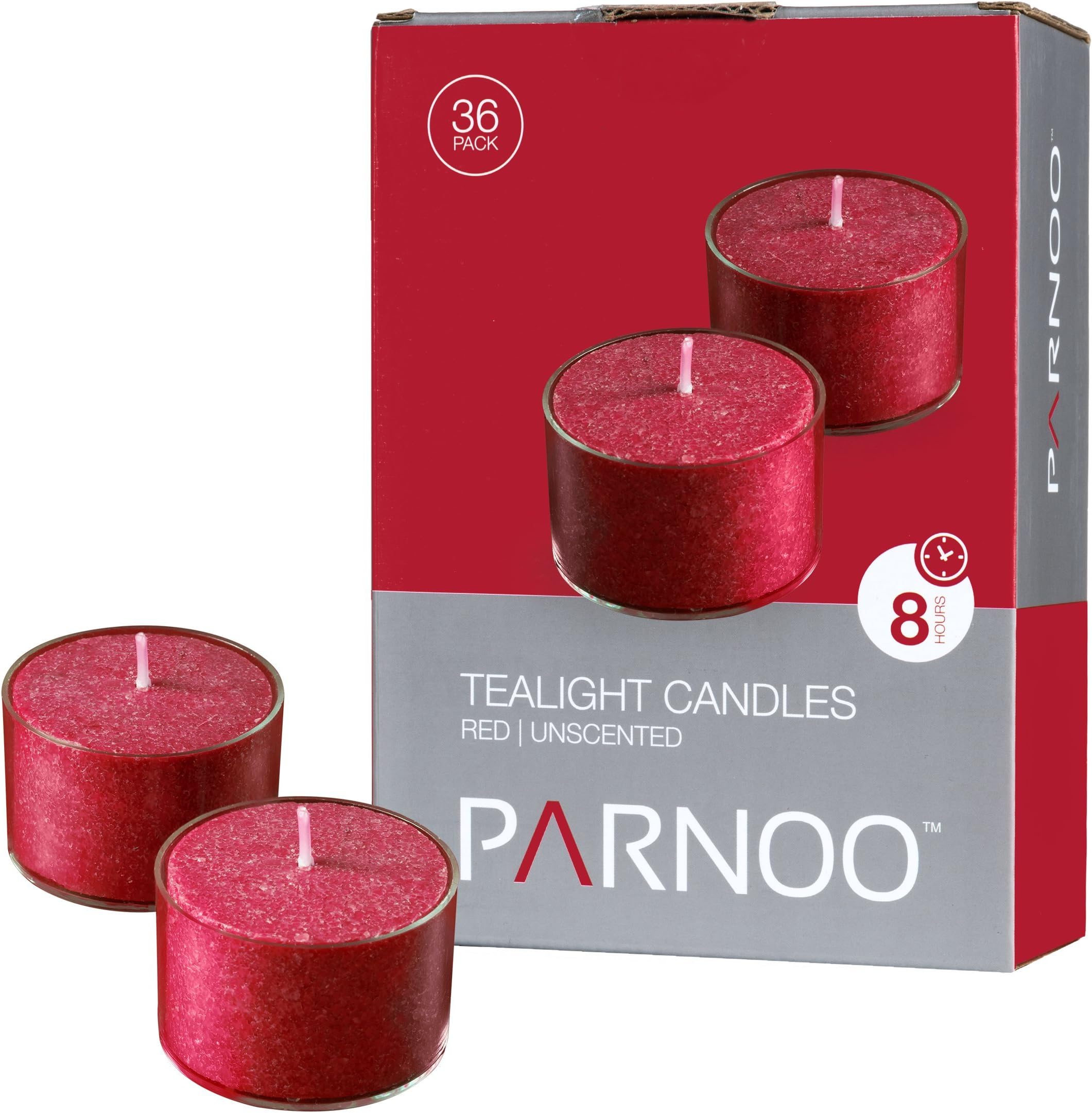 Red Tealight Candles with Clear Cup - Set of 36 Unscented Tea Lights - 8 Hour Burn Time