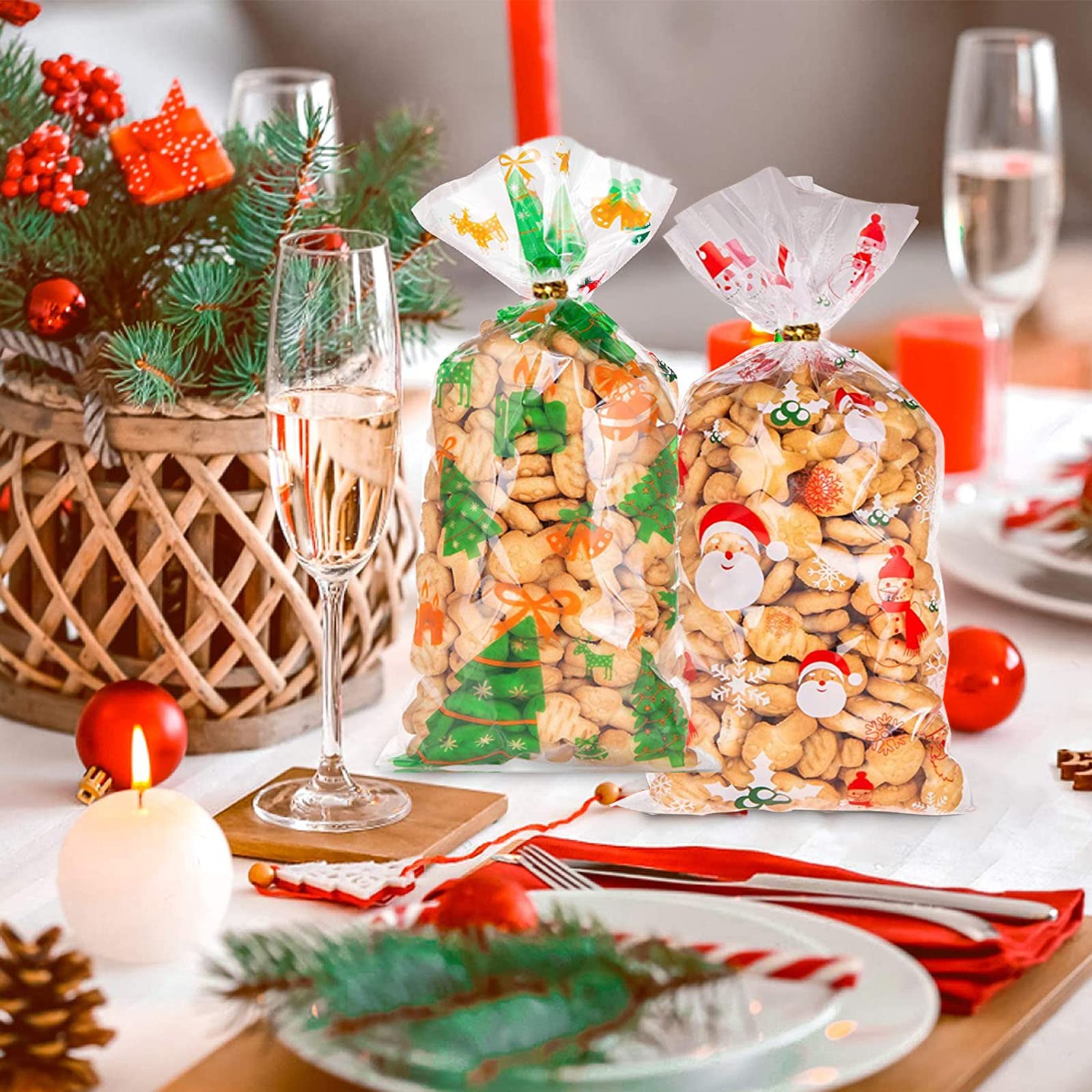 100 stuks kerstkoekjeszakjes, transparant, cellofaanzakjes voor Kerstmis, cellofaanzakjes, sneeuwvlokken, koekjeszakjes, gebakzakjes met 100 metalen bindbanden voor snoep, koekjes, bonbons