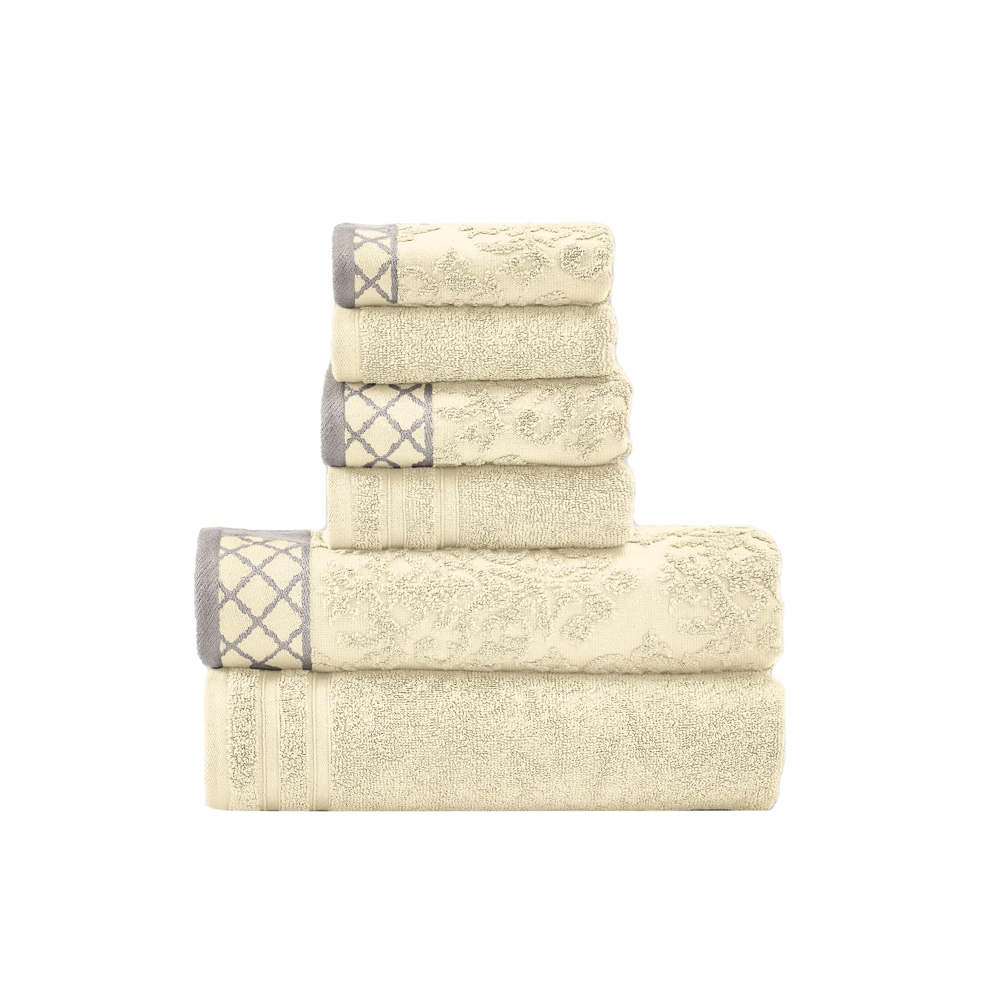 Modern Threads 6-Piece Damask Jacquard/Solid Ultra Soft 550GSM 100% Combed Cotton Towel Set with Embellished Borders [Ivory]