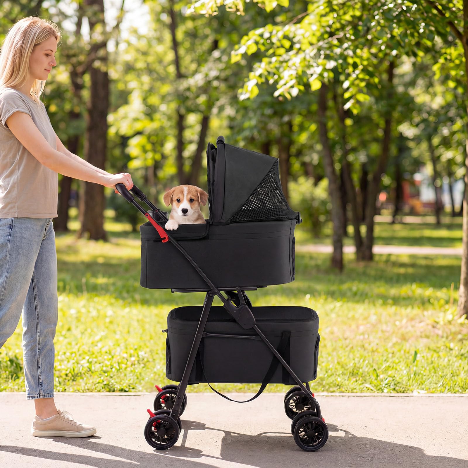 COSTWAY Carrito para Perros Plegable Doble 3 en 1, Cochecito para Perros con 2 Portadores Desmontables, Ruedas con Freno, Malla Transpirable, Portavasos, Carro para Mascotas hasta 15 kg (Negro)