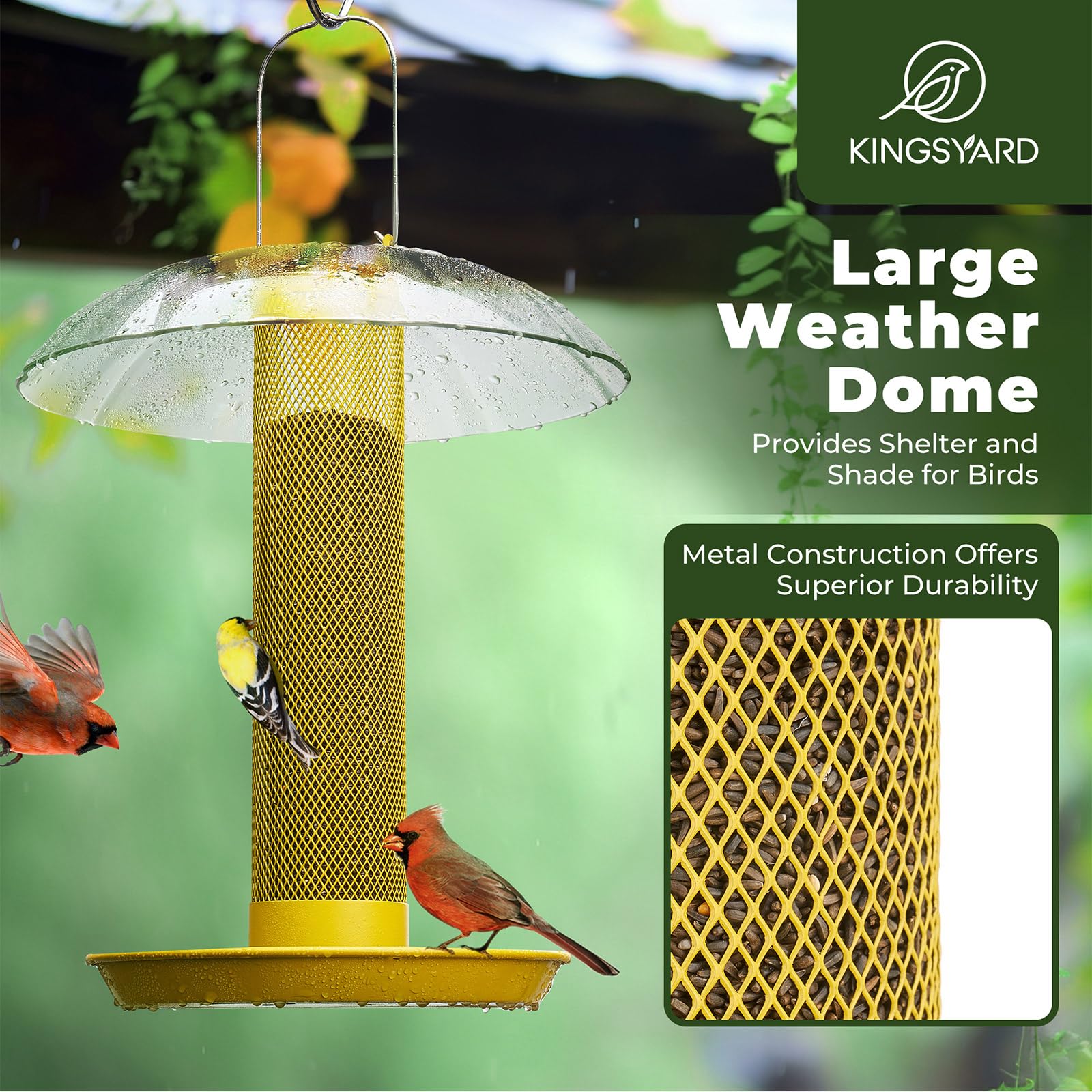 Kingsyard Thistle & Nyjer - Comedero para pájaros para colgar al aire libre, comedero de metal con cúpula resistente a la intemperie y bandeja extraíble, tubo de malla de 14 pulgadas, capacidad de