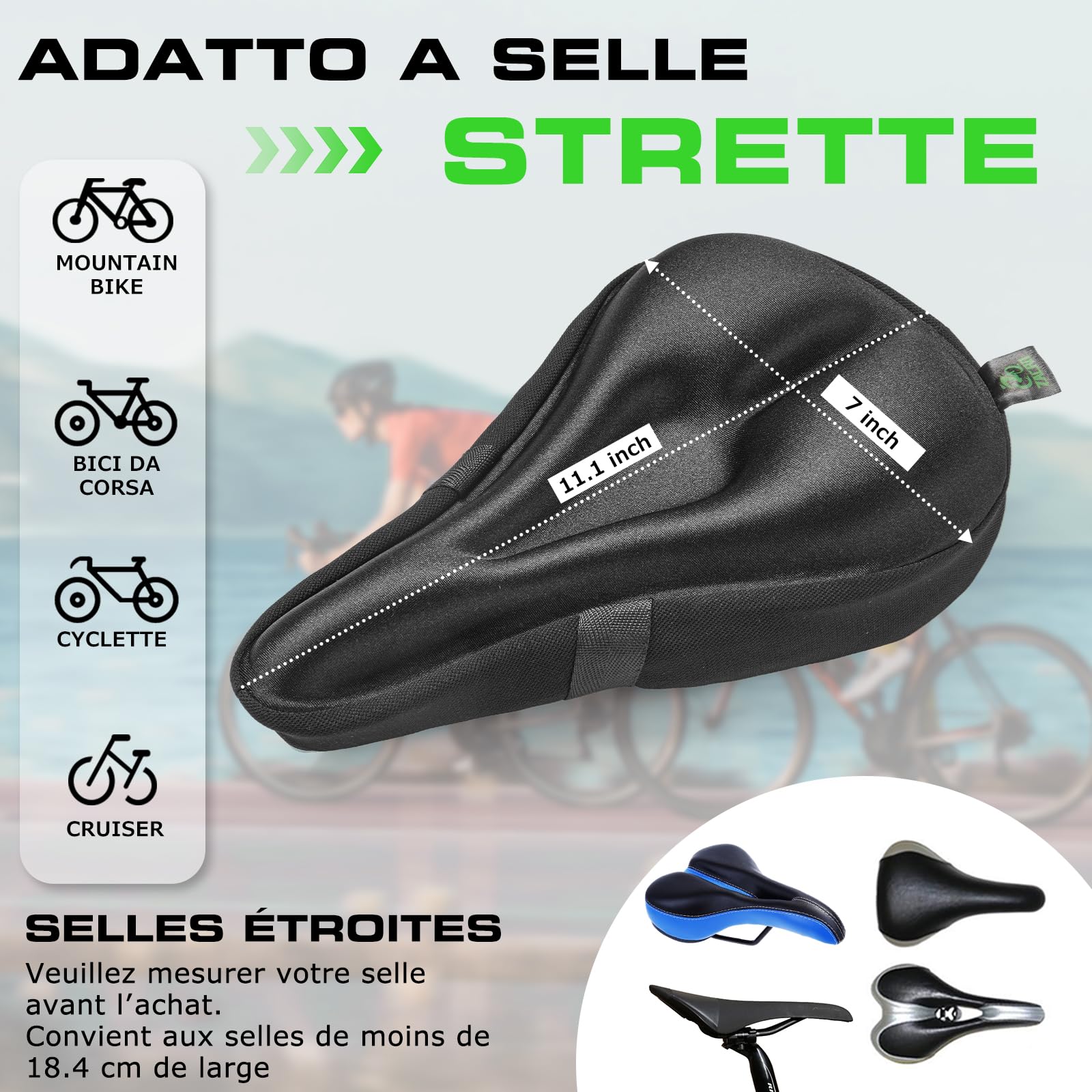 Zacro Coprisella Bici Gel Extra Morbido-Copri Sella Bici Imbottito Antiscivolo，Coprisella Cyclette Compatibile Peloton，Unisex per Interni/Esterni，MTB E-Bike Spinning，Impermeabile con Design Ergonomico
