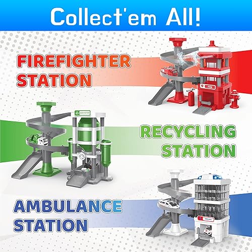 Miniatura 7 de AMAMA Juguete de garaje para automóvil pistas de coche para niños con 2 camiones de bomberos y emocionante rociador de agua 21 piezas de juguete