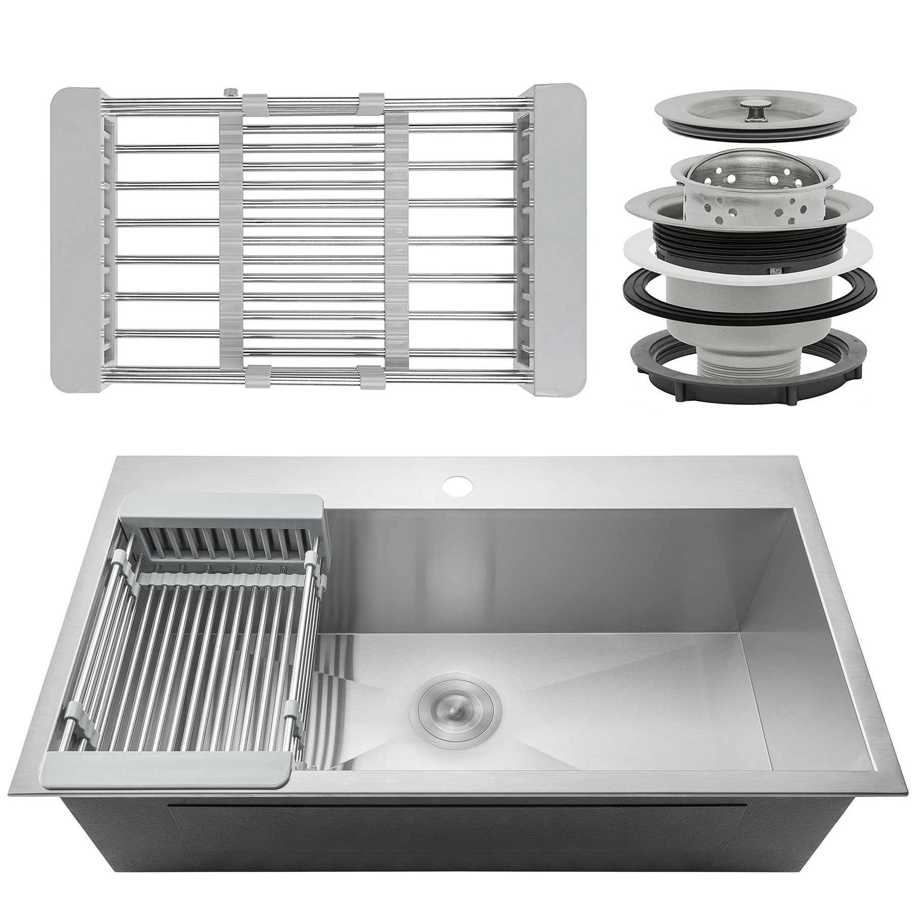Perfetto Kitchen and Bath 33" x 22" x 9" Single Bowl Basin 18 Gauge Stainless Steel Topmount Drop-In Kitchen Sink w/Adjustable Dish Tray & Drain