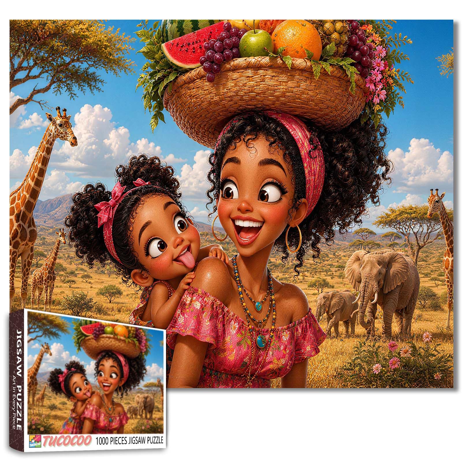 African 1000 Piece Jigsaw Puzzles for Adults Black Little Girl Jigsaw Puzzle African Safari 1000 Pieces Puzzles Mother and Daughter s Paintings Wall Decor Afrocentric DIY Craft Puzzle Art — image 1