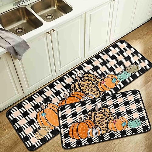 Noulmea Juego de 2 alfombras de cocina de otoño con diseño de calabaza a cuadros de búfalo, alfombra de otoño para puerta delantera, decoración de Noulmea Juego de 2 alfombras de cocina de otoño con diseño de calabaza a cuadros de búfalo, alfombra de otoño para puerta delantera, decoración de