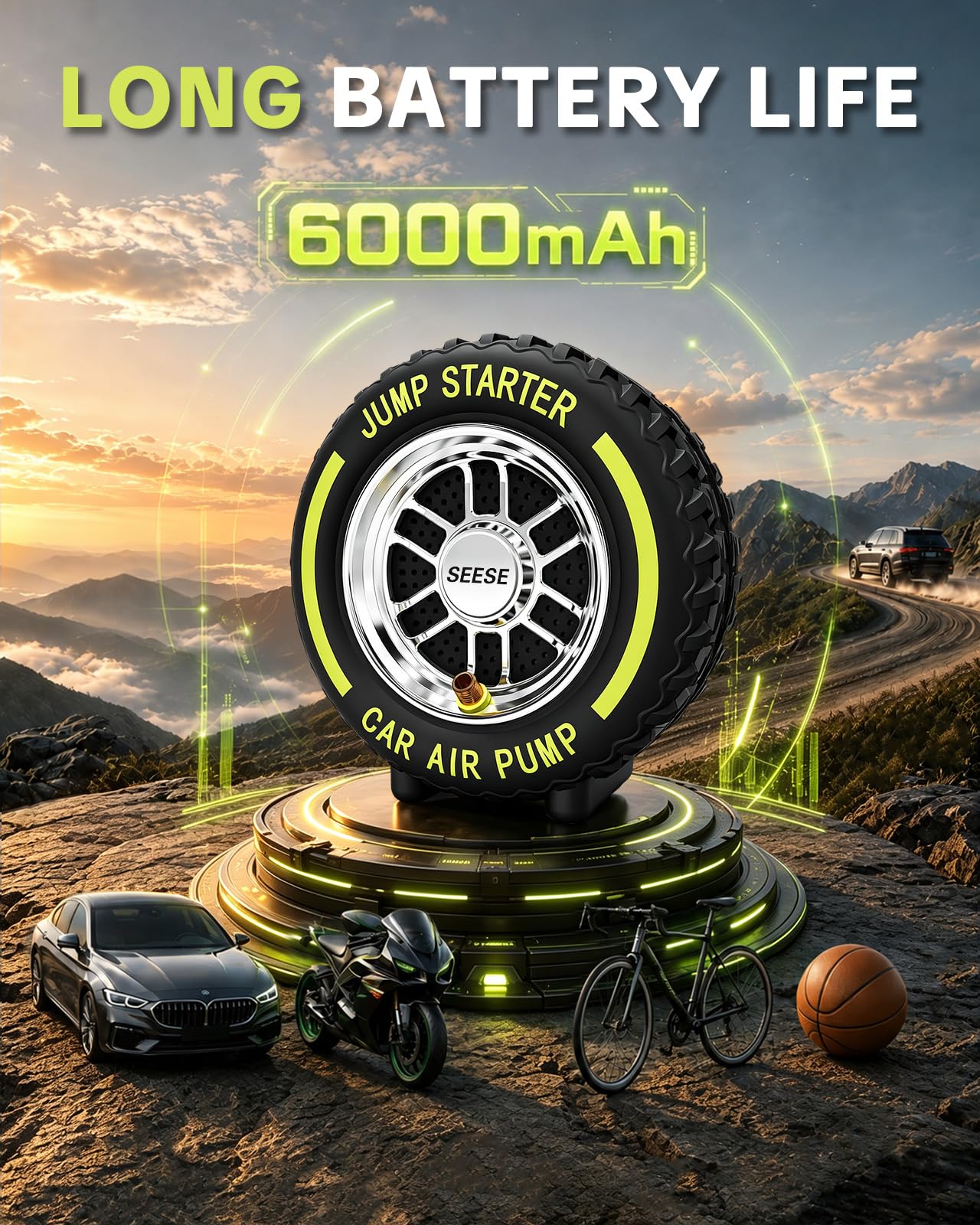 SEESE Gonfiatore elettrico portatile per pneumatici: 6000 mAh, 120 psi con luce LED, avviatore di emergenza CC 12 V, ideale per gonfiare rapidamente moto/biciclette/palloni, viaggi su strada