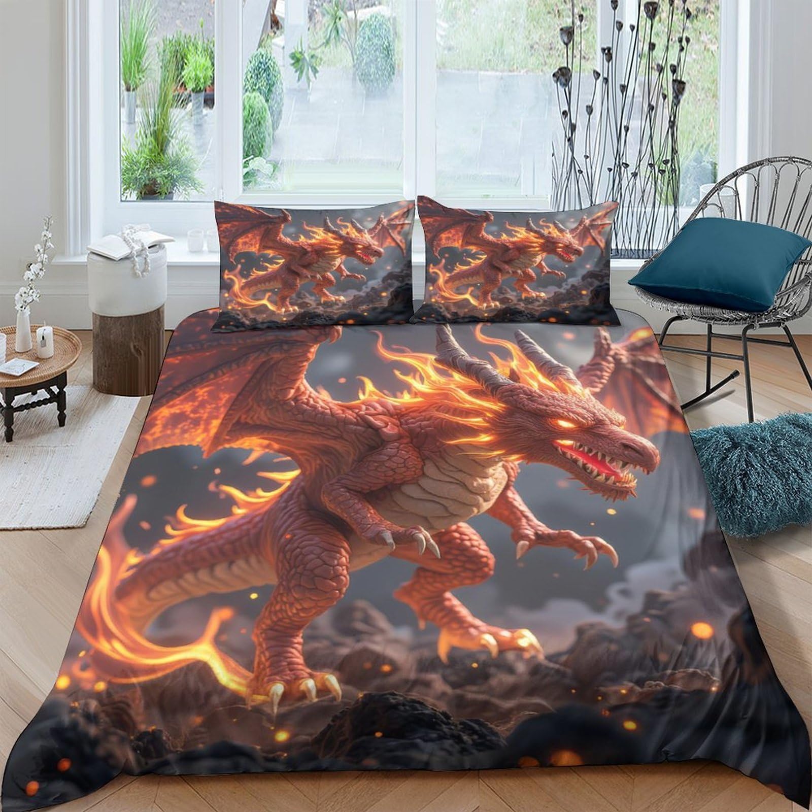 Ctjqhvkz Style-2 3D Printed Fire Dragon Fitted Sheet Microfiber Soft Anti-Slip Lava Dragon Mattress Cover For Bedroom Dorm Decorative Protection Single（135X200cm）