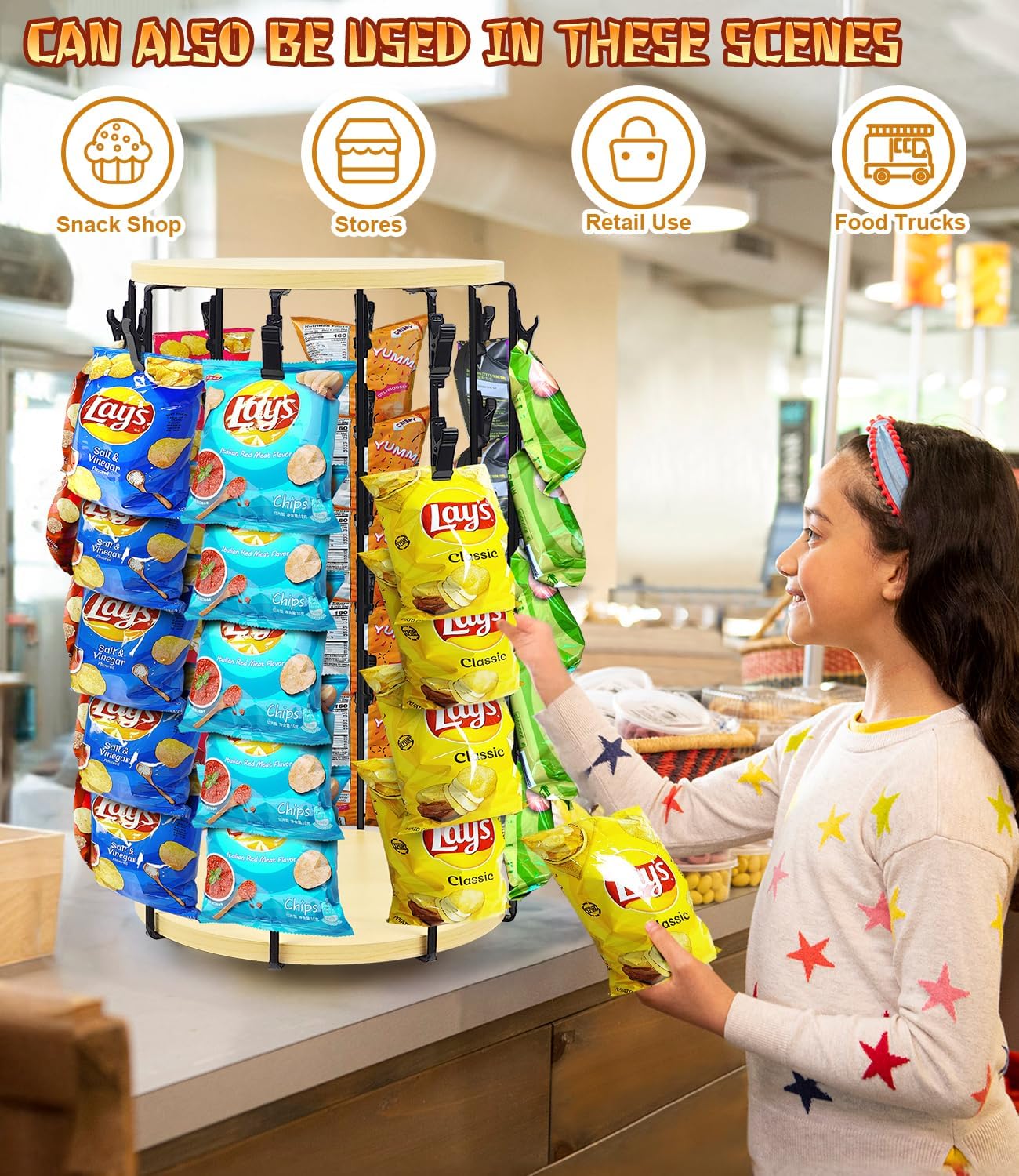 Chip Rack Display Stand, 5 Tier 40 Clips Snack Organizer with Rotating Wooden Base, Chip Holder Stand Candy Display for Countertop, Concession Stand, Party, Retail, Office Snack Display Rack