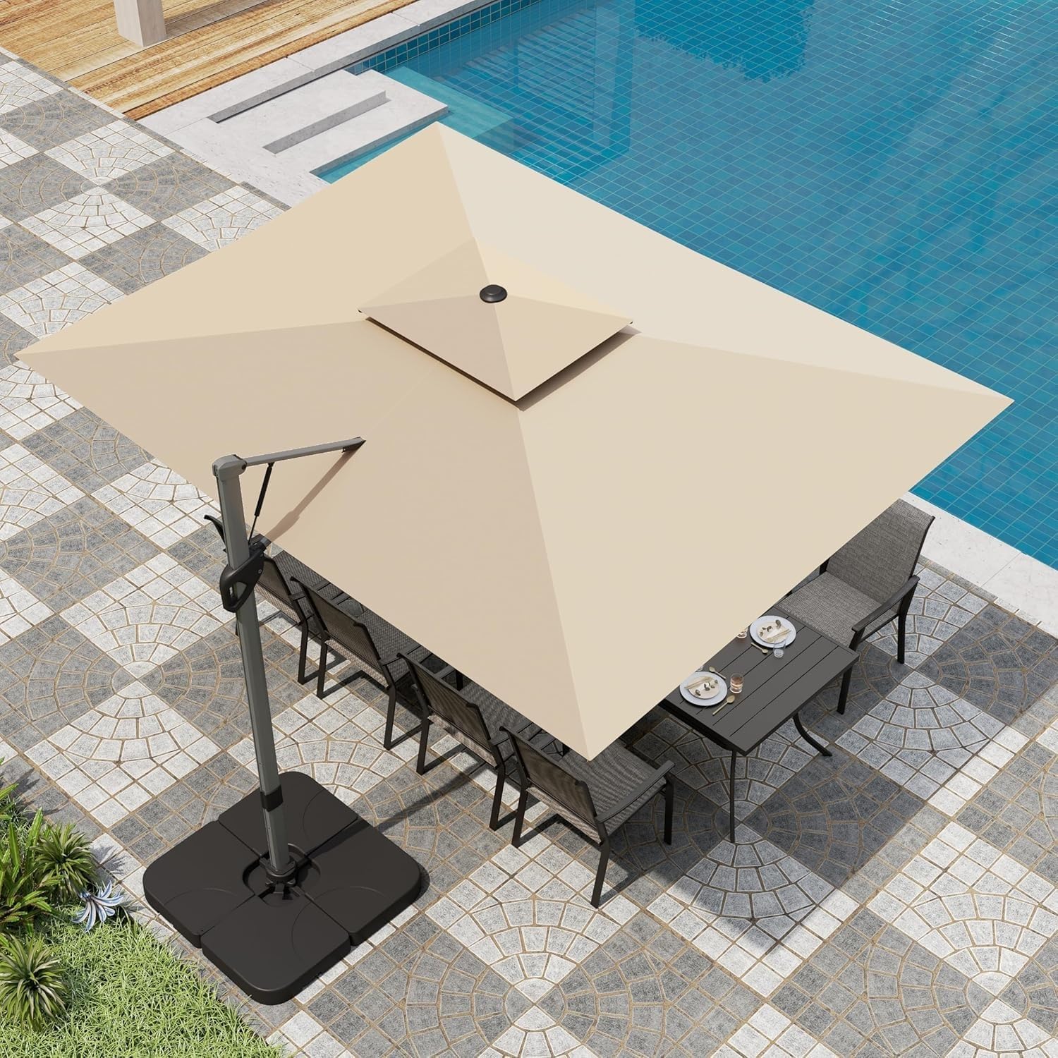 Toile De Rechange pour Parasol Rectangulaire 3 X 4 M - 8 Baleines, Toile Déportée pour Terrasse, Résistante Aux UV, Idéale pour Piscine Et Jardin (Beige, Double Toile)