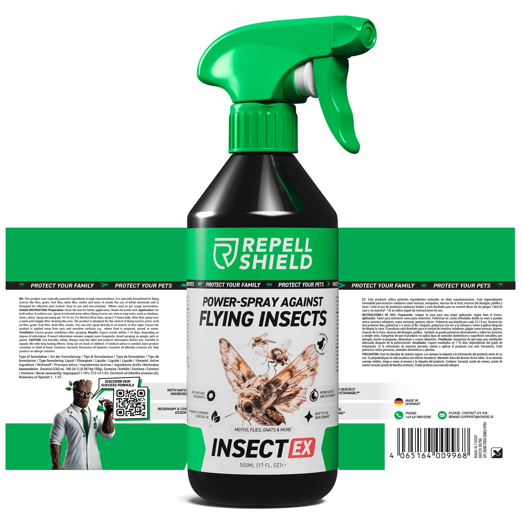 RepellShield® Repelente Insectos Voladores -500ml- Anti Mosquitos, Moscas, Avispas, Polillas y Más - Uso Interior y Exterior - Sin Manchas, Fácil de Usar - Spray Antimosquitos