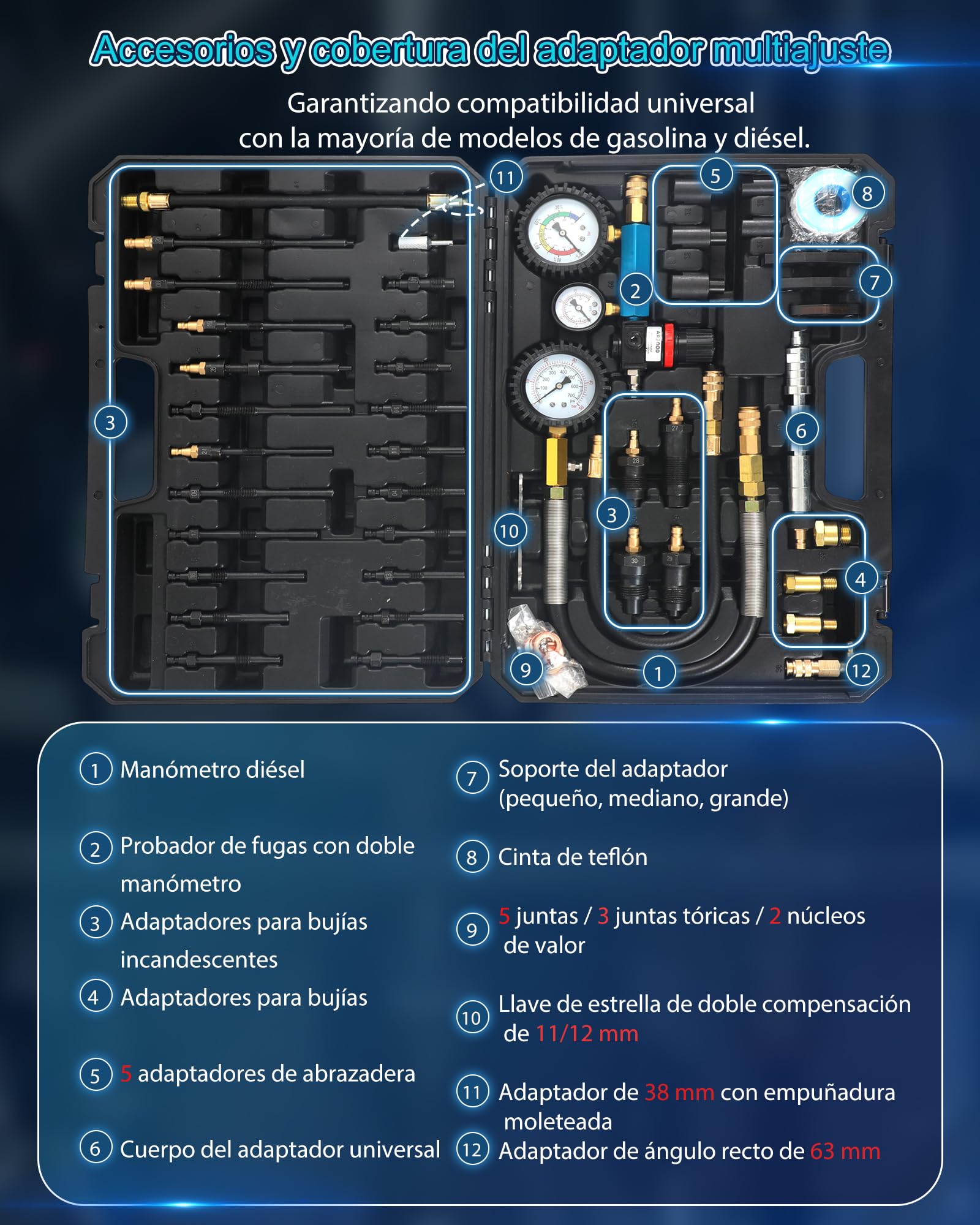46 Piezas Kit de Comprobador de Compresión Automotriz con Indicador de Doble Dial Comprobador Compresión para Gasolina y Diésel Comprobador de Fugas de Cilindros para HDi, TDCi y Bomba (PD)