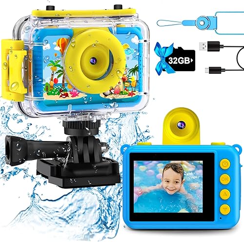 GKTZ Cámara impermeable para niños 180 rotativos 1080P HD cámara de acción digital submarina con tarjeta SD de 32 GB, juguetes de regalo de