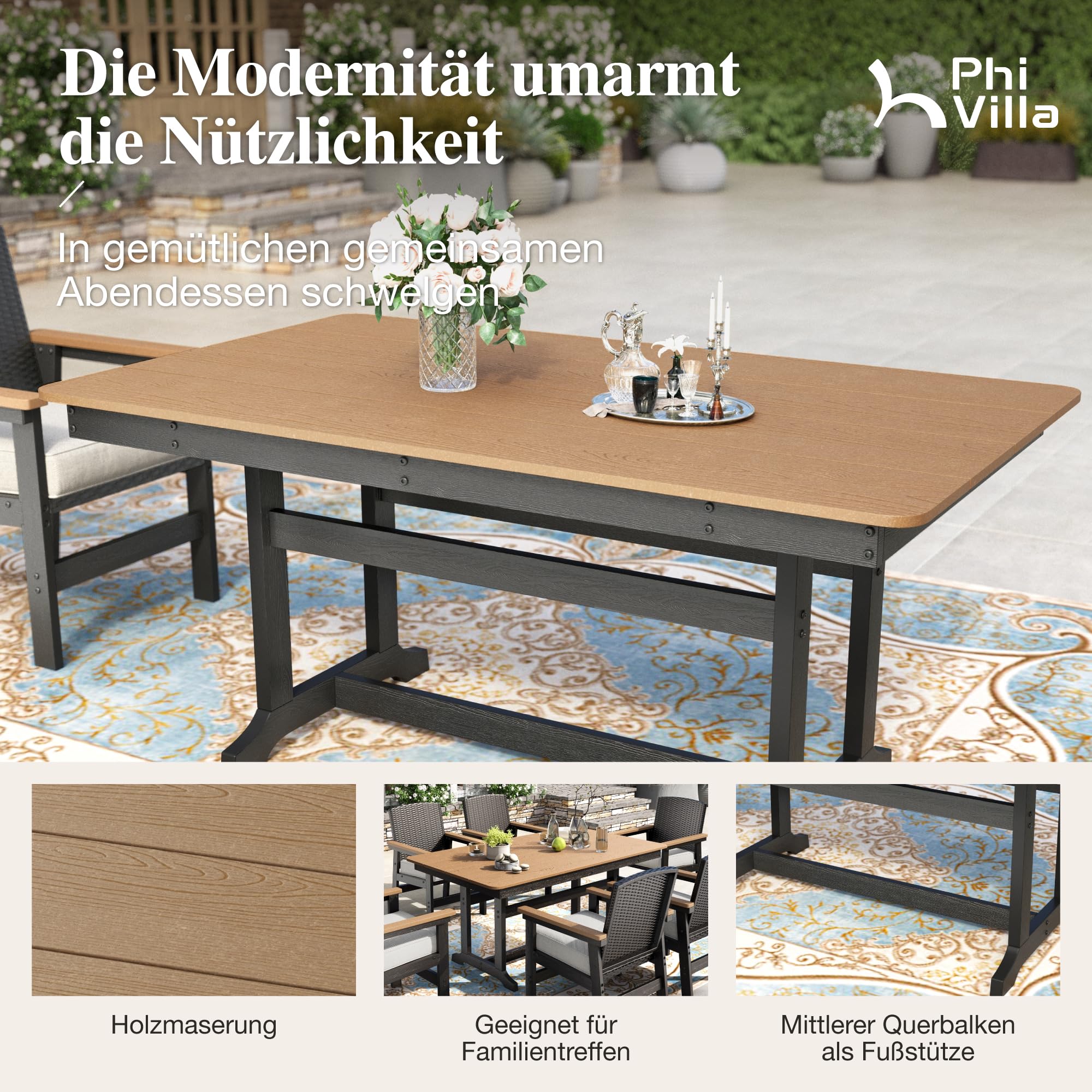 PHI VILLA 7-teiliges Rattan Gartenmöbel Set mit Esstisch und 6 Stühlen, Gartentisch Wetterfest und Gartenstuhl mit Dickerem Kissen, E-Beschichtung Metall Terrassenmöbel Outdoor Balkonmöbel Set für 6