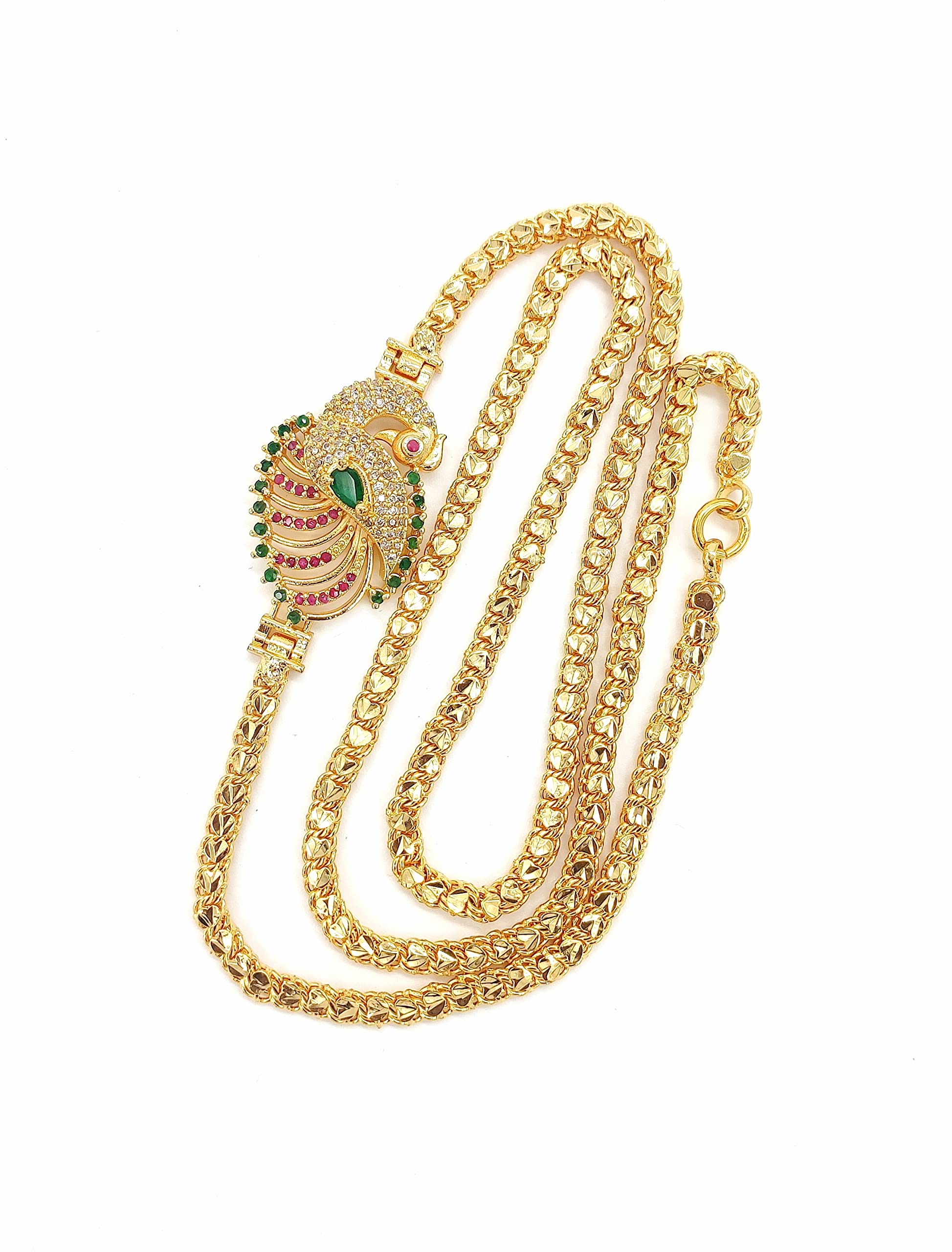 HANAA One Gram Gold Micro Plated Peacock Mugappu Chain for Women & Girls