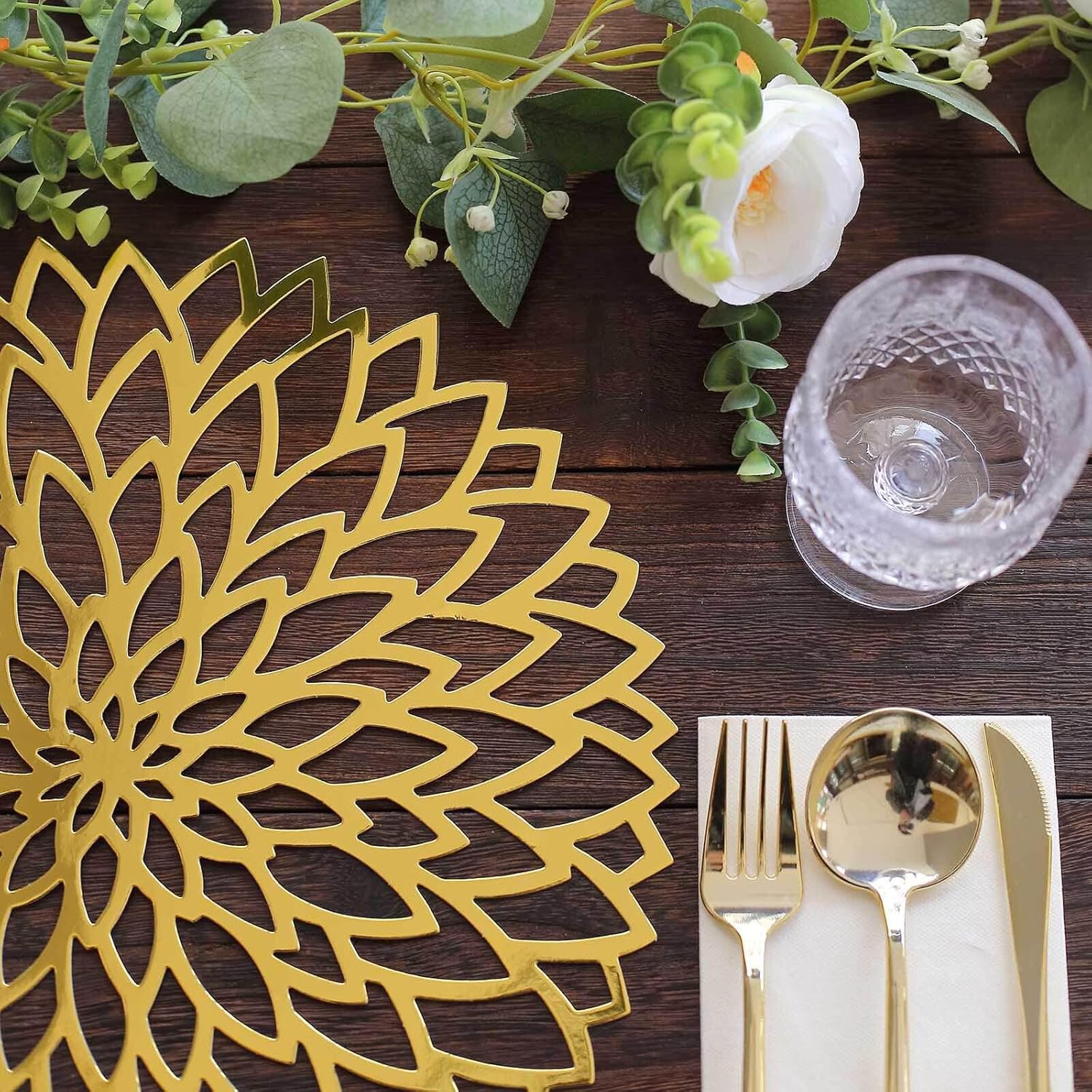 Efavormart 6 Pack 13" Metallic Gold Hibiscus Placemats, Full Laser Cut Flower Cardboard Charger Mats, 400GSM Disposable Round Table Mats for Dining, Events