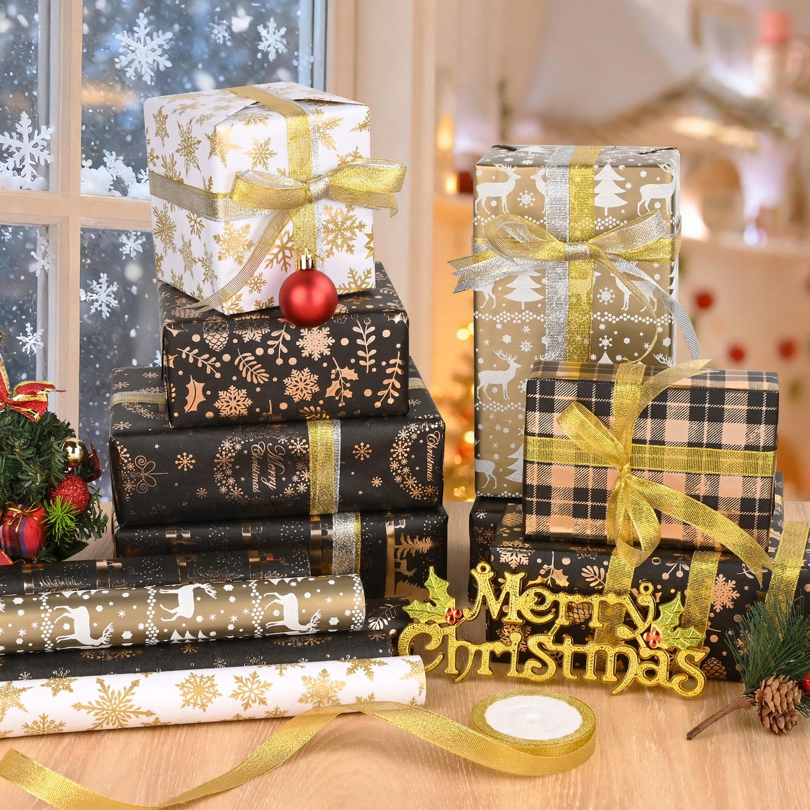Papier Cadeau Noel 6 Rouleaux 43cm×3m - Noir, Blanc et Or