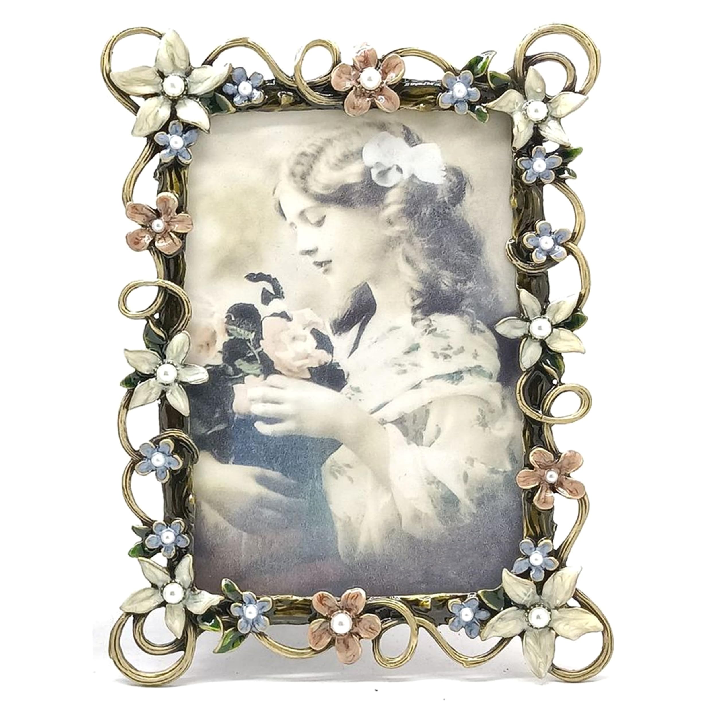 Uanqfegy Floral Picture Frame - Enamel Decorative Vintage Ornate Metal Flower Frame, 6x4 Inch for Home Office Tabletop, 6X4 Inch
