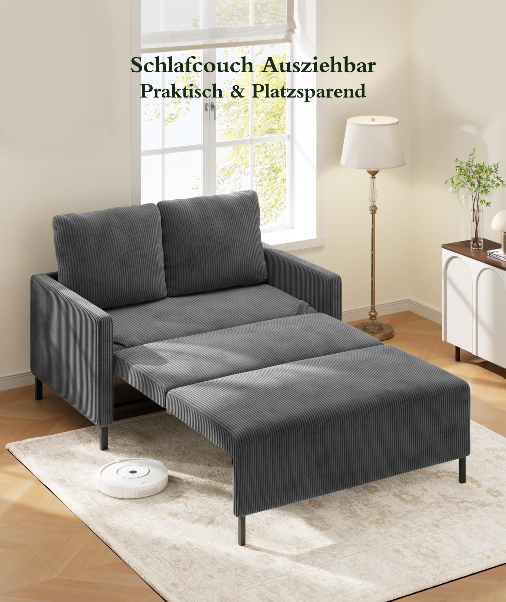 Domusensus Schlafsofa, 120CM Cord Sofa mit Schlaffunktion, 2 Sitzer Sofa | Schlafcouch 53CM Extra Tiefe Sitze, Couch mit schlaffunktion, Klein Sofa 2 Sitzer, Schlafzimmer Sofas fürs Büro 2 Kissen,Grau