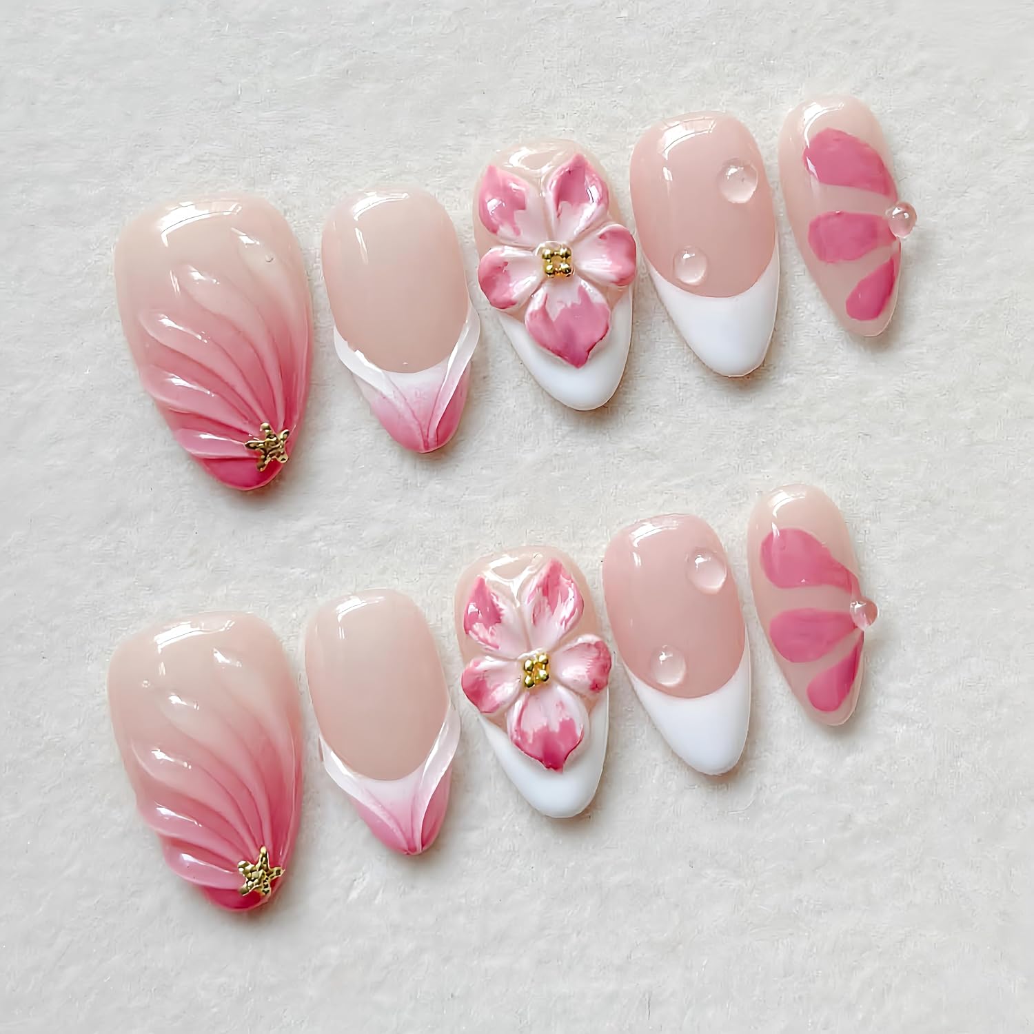 Cute Pink Flower Press on Nails - Glossy Acrylic False Nails