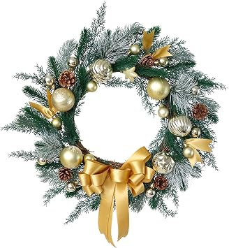 Christmas Wreath for Front Door, Xmas Wreath Decorated with Bow,Gold Ball Ornaments and Pine Cones, Wall Windows Home Outdoor Decor