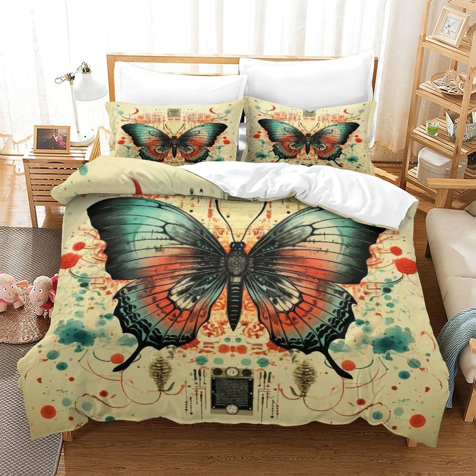 P1S9U7W5Y Artistic Butterfly 3D Printed Microfiber 3 Piece Duvet Cover Set for Adults Bedroom Butterfly Bedding Set Decor King（220x240cm）
