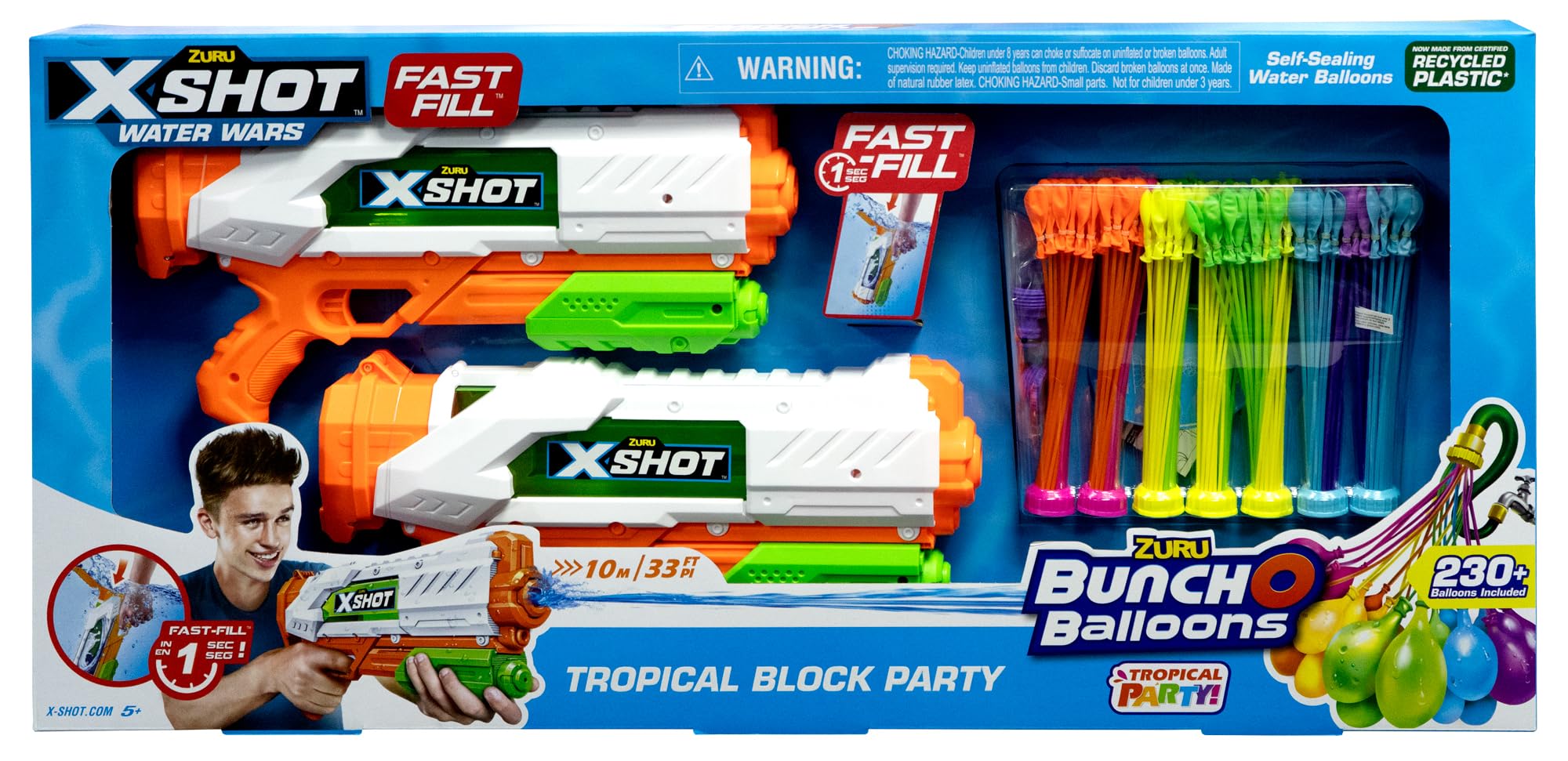 Tropical Block Party Pack of 2 Fast Fill Blaster Drenching Outdoor Toy Water Gun Shooting Game Fun for Kids Teens Adults,Boy, Girls Age 5+