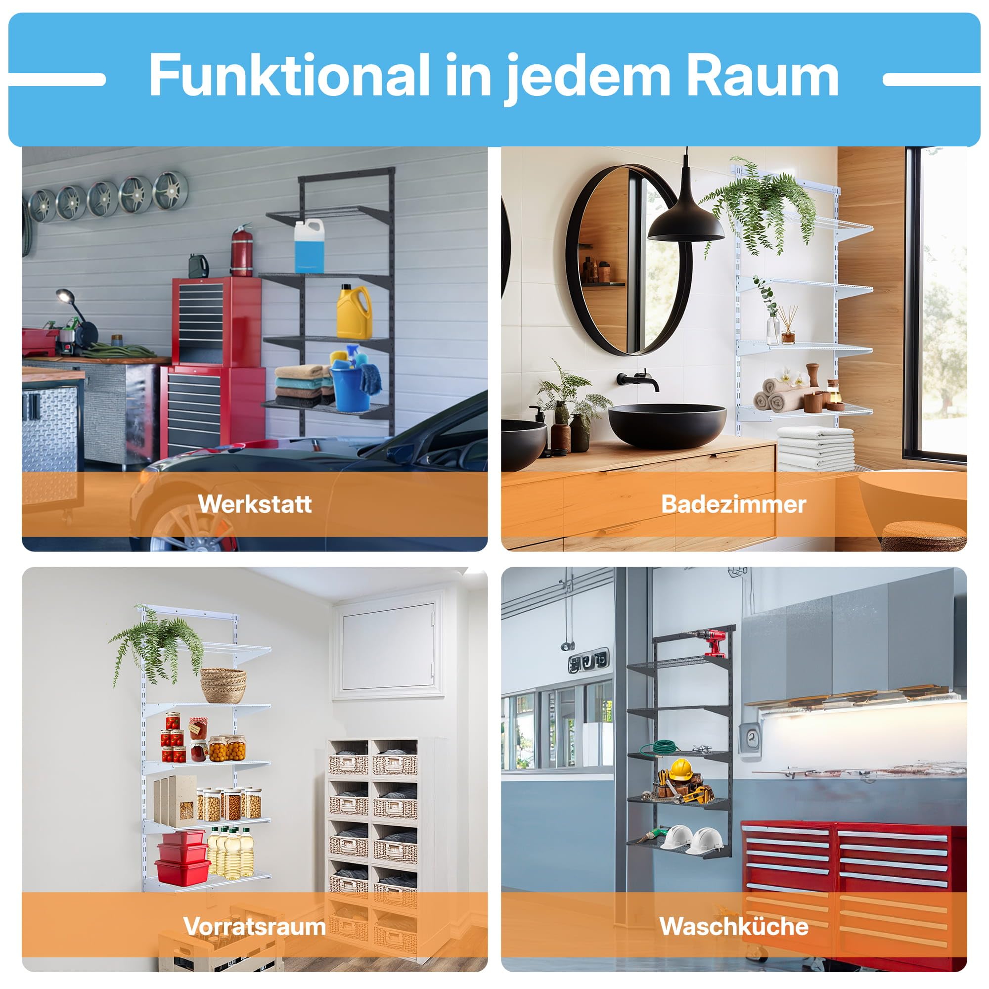 Wandregal Metall Anthrazit mit Drahtboden · 28 Varianten · 150x60x30cm (HxBxT) 4 Böden · Flexibles Wandschienen Regalsystem für Ankleide, Vorratsraum, Büro, Garage, Keller & Werkstatt