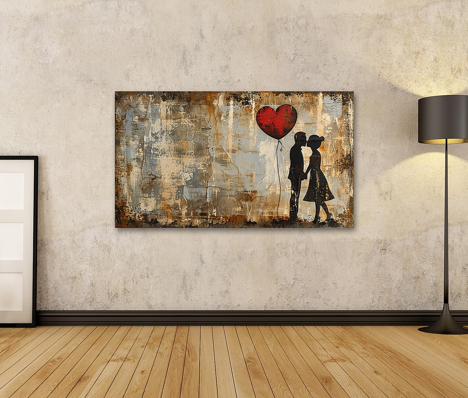 islandburner Prime Quadro su tela Grande palloncino a forma di cuore rosso galleggia su due sagome di bacio, graffiti su muro di cemento immagini murali poster