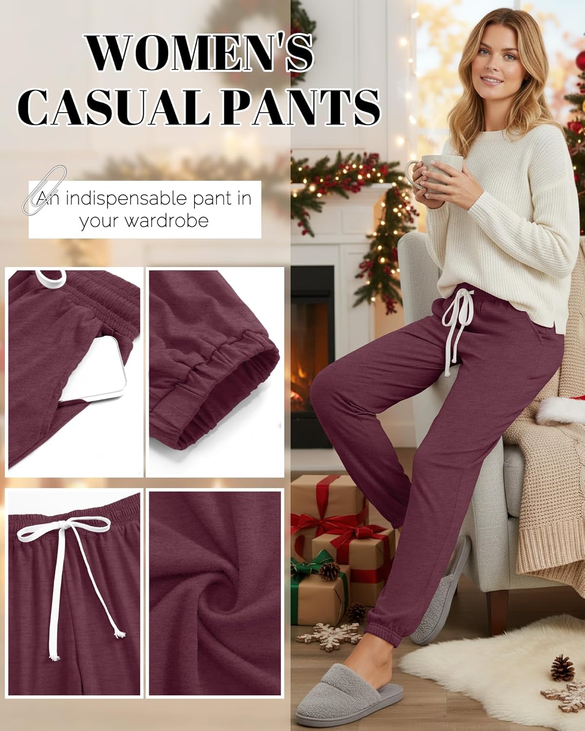 3 Pack Women's Sweatpants Joggers Lightweight Lounge Casual Yoga Pants High Waist Elastic Drawstring with Pockets(Black, Blue Gray, Wine Red,Large) - Image 4