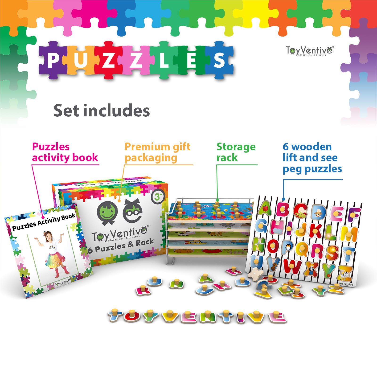 TOYVENTIVE Wooden Peg Puzzles for Toddlers 6 Pack with Wire Puzzle