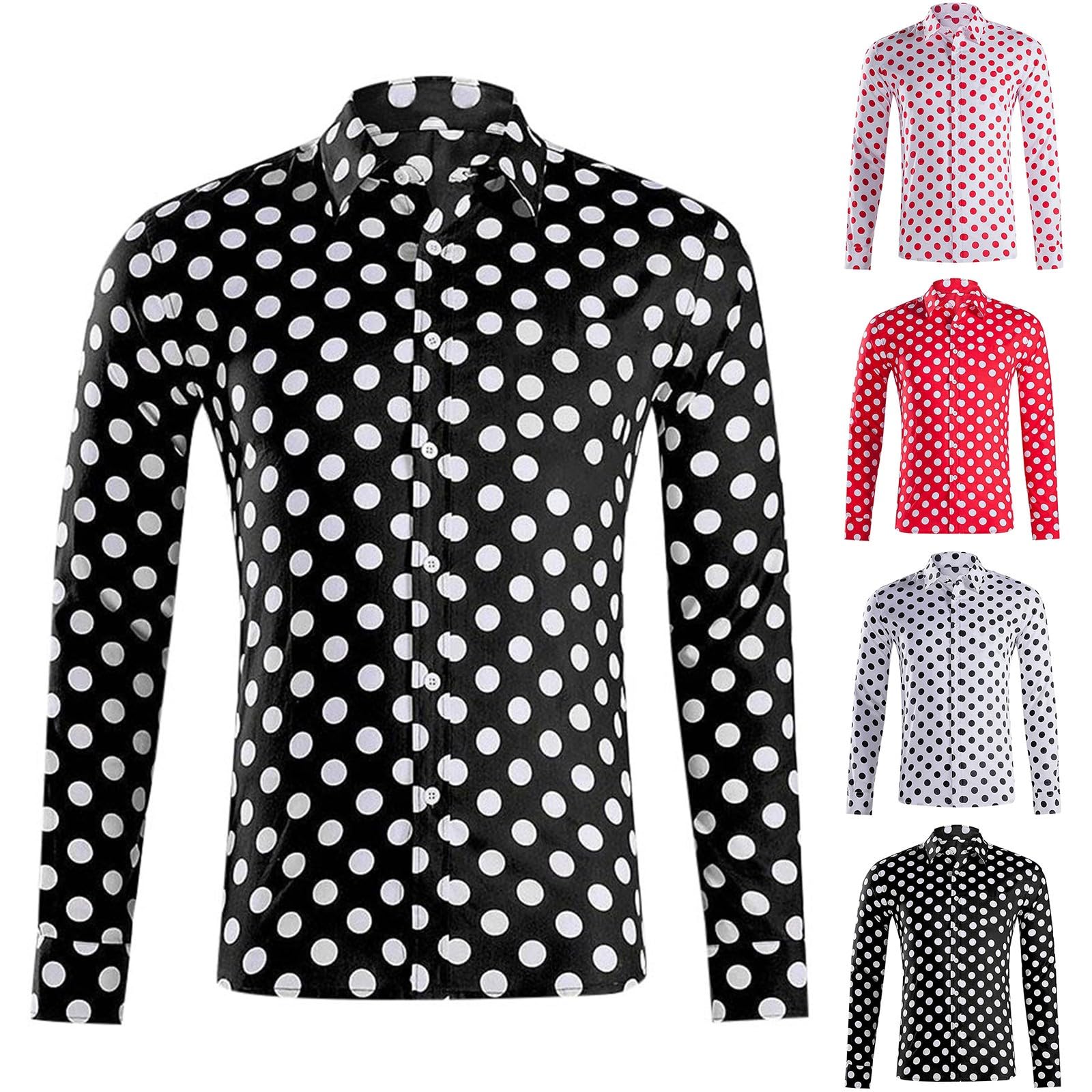 Camisetas para hombre de manga larga con botones de lunares, camisa con cuello retro, cuello abotonado, camisa de ocio, estampado de puntos, camisa de negocios, cómoda camiseta de ocio, corte ajustado