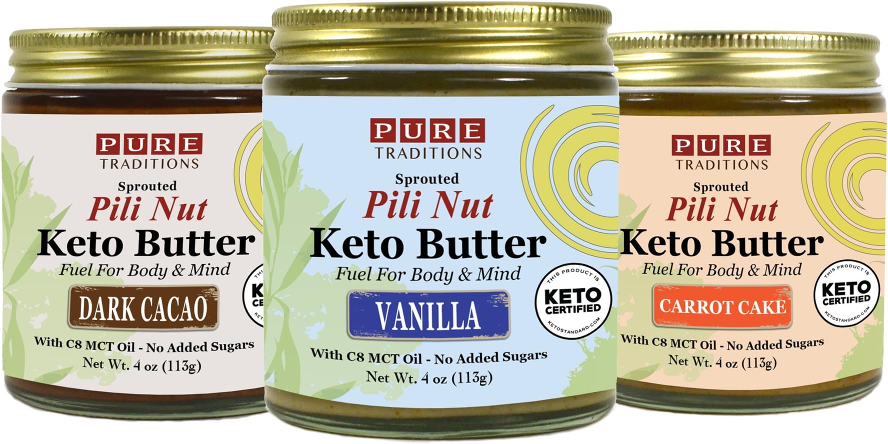 Pili Nut Keto Butter: Vanilla, Dark Cacao & Carrot Cake (4 oz each), 3 Flavor Variety Pack