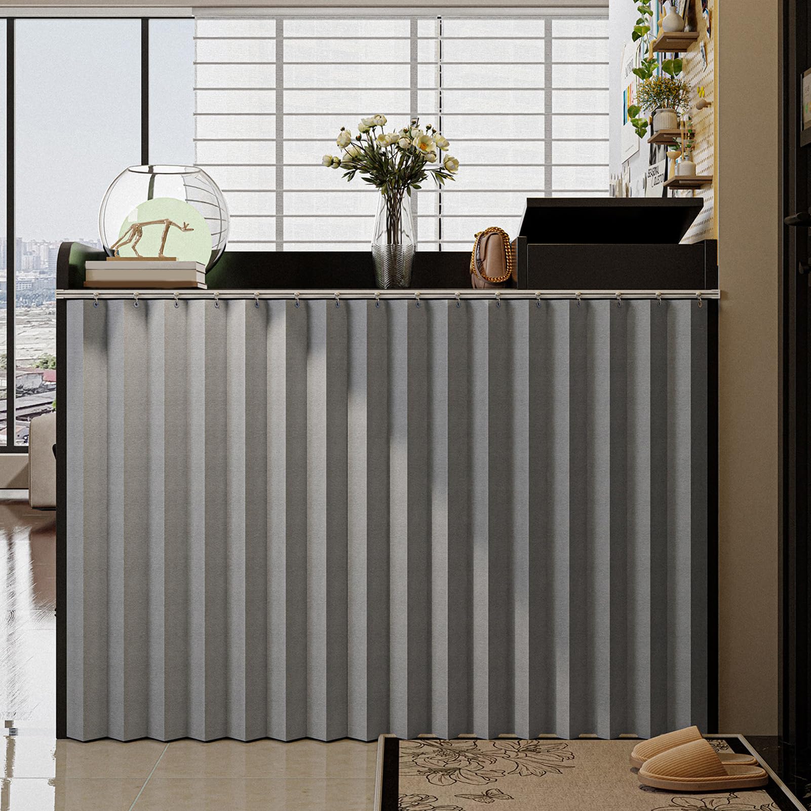 ZZYK Solid Color Privacy Curtains for Closet,under Sink Dust Proof Curtain Kitchen Storage Shelves Drapes,Self-Adhesive Panels for Open Hanging Doorway,Gray,W(50cm) x H(90cm)
