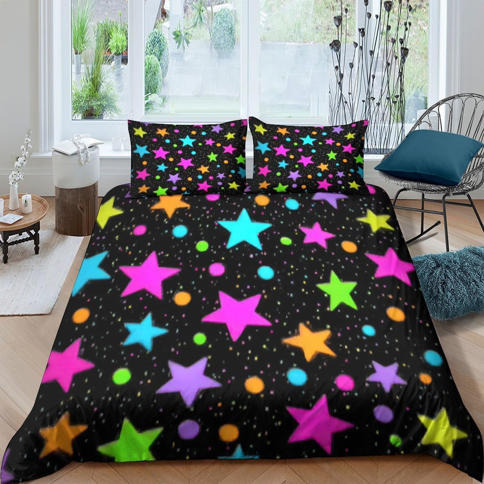 Unrxjzlvm Style-7 Neon Star Print Microfiber Duvet Set Teens Dorm Bedding