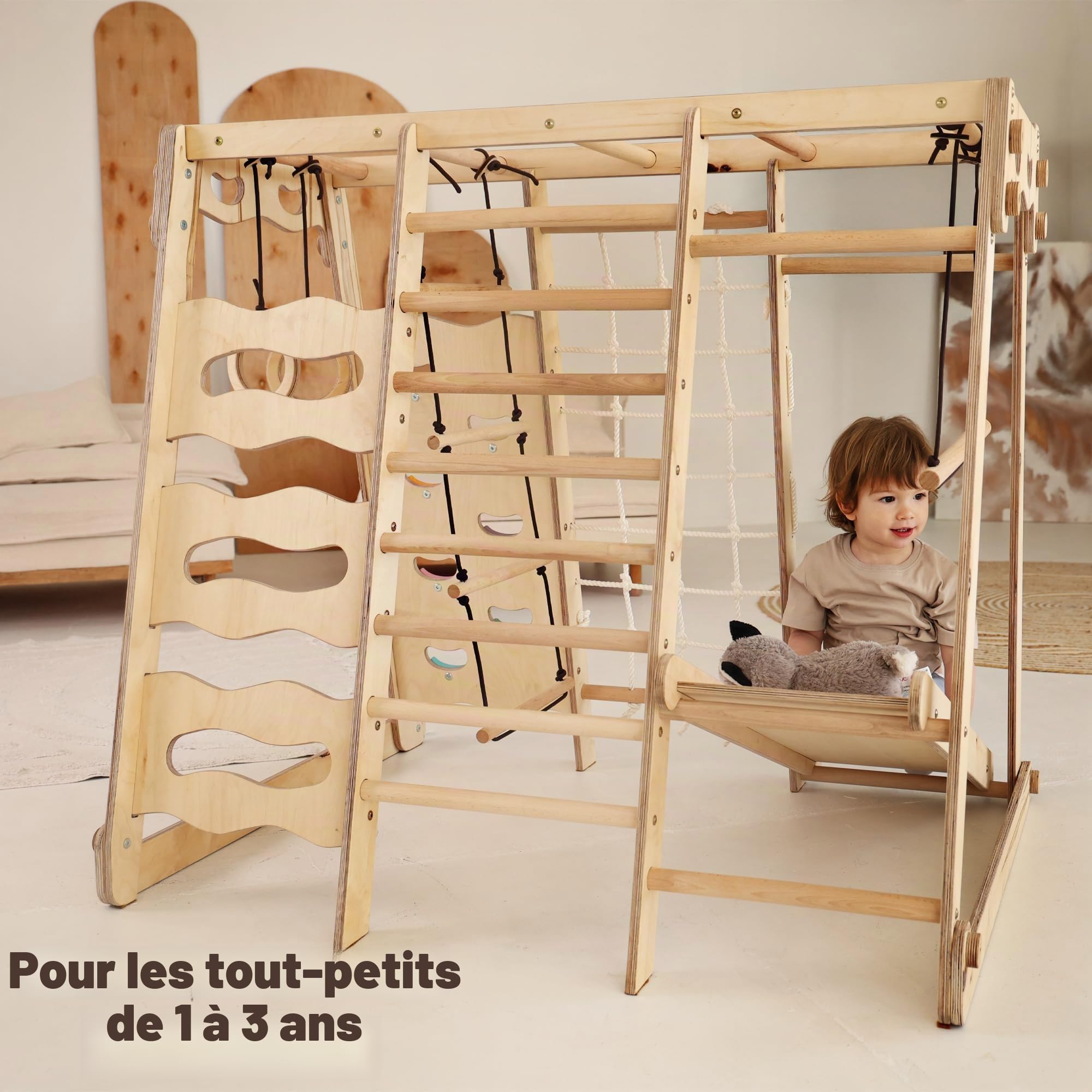 Jungle gym d’intérieur en bois 9-en-1 pour enfants, avec espalier suédois, barres de singe, barre de traction, anneaux, balançoire, échelle de corde, planche d’escalade, toboggan et plateforme