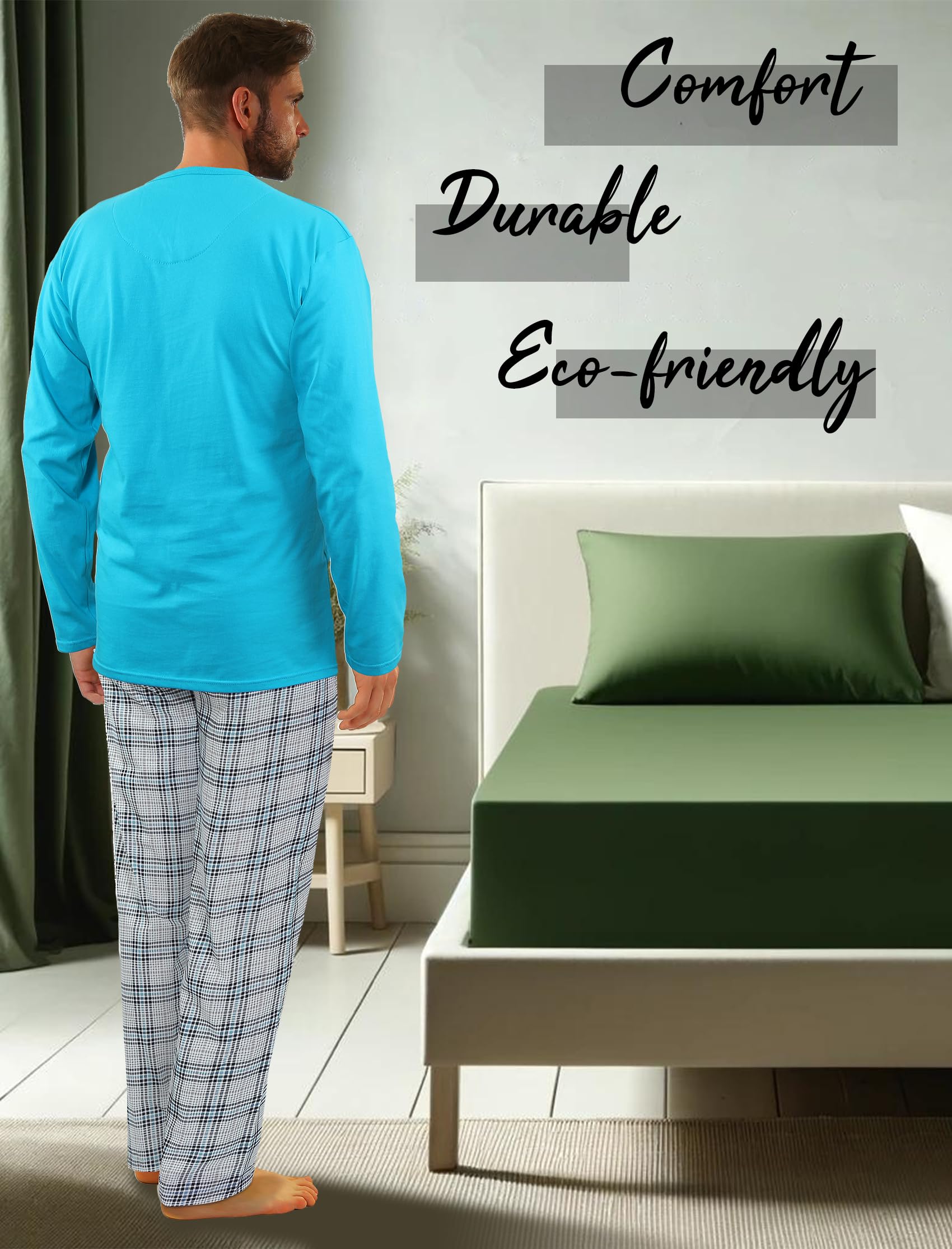 sesto senso Herren Schlafanzug Lang Baumwolle Pyjama Langarm Shirt Pyjamahose mit Tasche