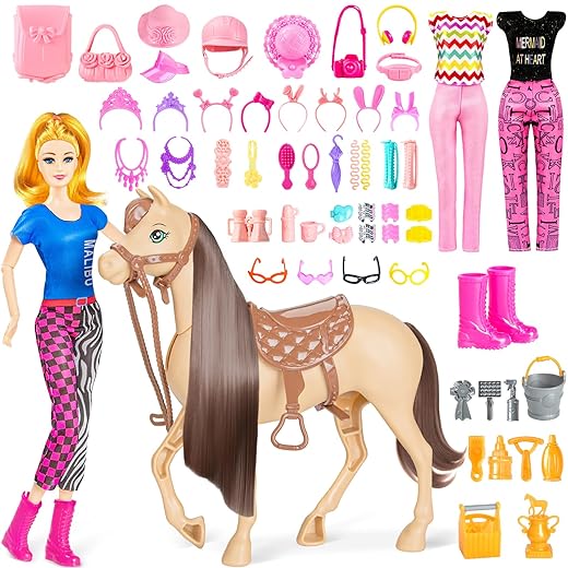 60 PCS Doll Horse Set Toy, Fashion Blonde Doll(11.5 Inch) in Riding Helemt Doll Accessories & Light Brown Horse with Moveable Head, Saddle, Bridle and Reins, for Ages 3 Years Old & Up