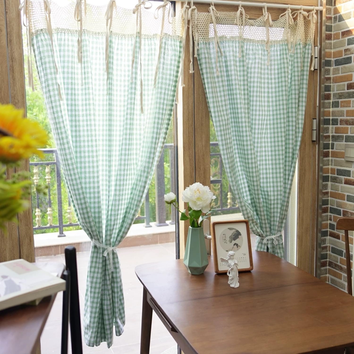 Gardinen Kariert Kurz Scheibengardinen mit Häkelspitze Bistrogardine Landhausstil Privatsphäre Fenstergardine Küchengardine Vintage Cáfe Gardine (BxH 150x100cm) Blau 1 stück