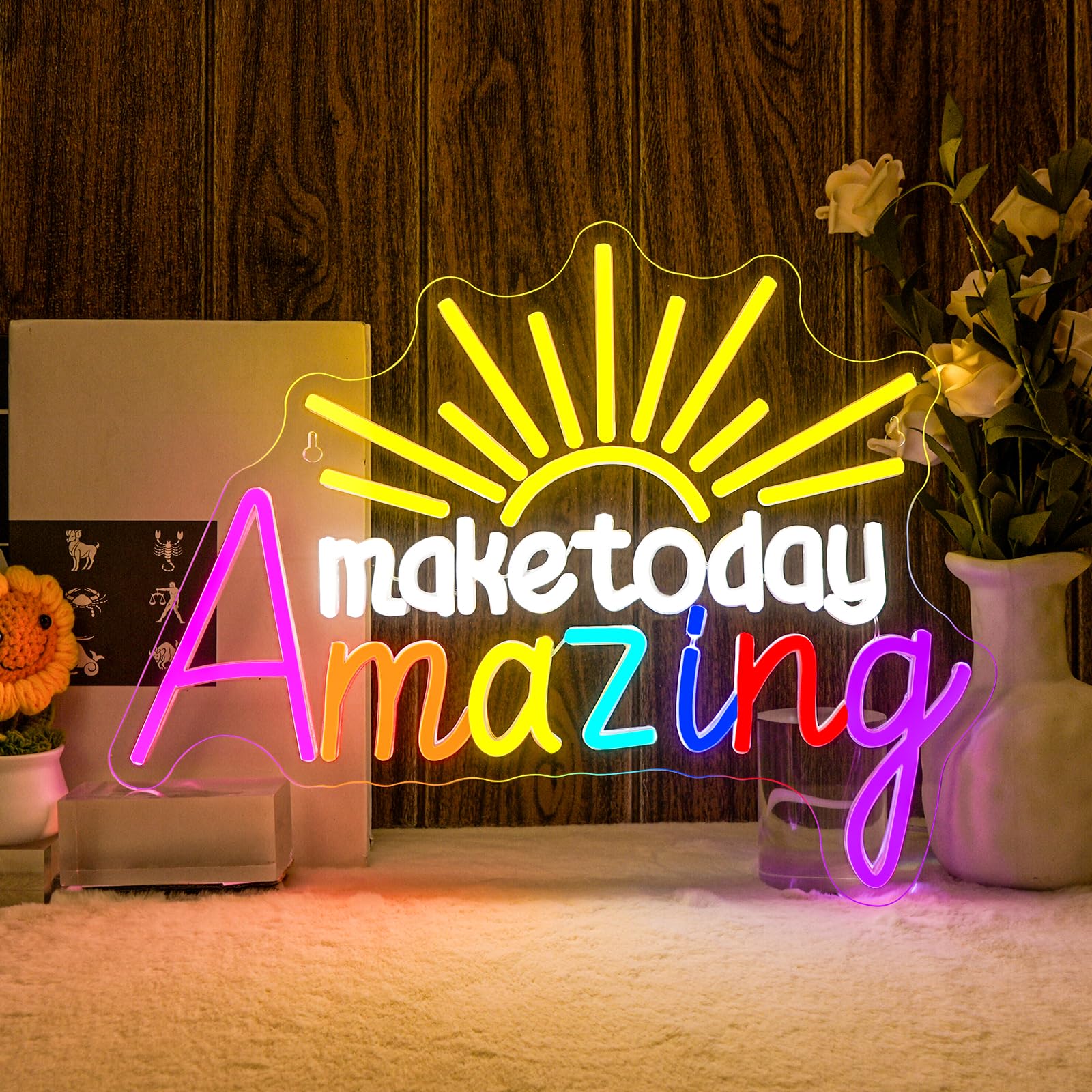 Horseneon Make Today Amazing Neon Sign Colorful Sun LED Wall Decor for Classroom, Library, Study Room & Bedroom, USB-Powered with Adjustable Brightness