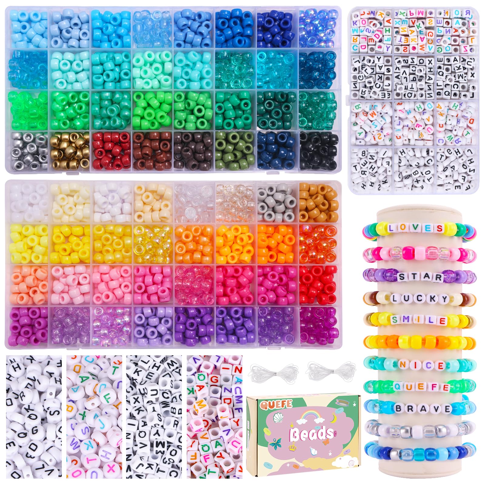 QUEFE 2350pcs, 64 Colors, Pony Beads for Bracelet Making Kit, Rainbow Kandi Beads Friendship Bracelet Kit, Letter Beads and Elastic Strings for Bracelet Necklace Making, Craft Gifts Set for Girls-image-42