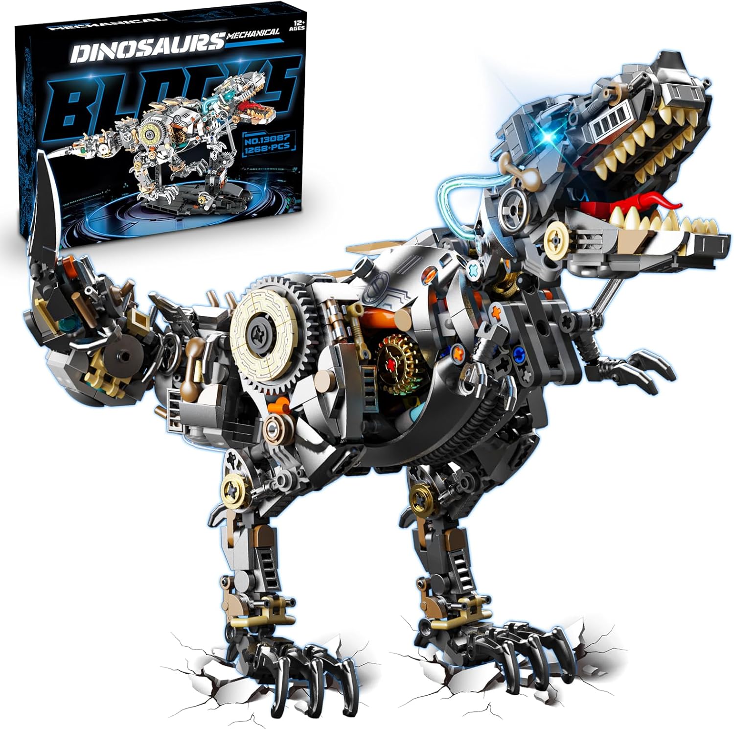 Mechanical Dinosaur Building Blocks Set for Adults with Light, Compatible with Lego Dinosaur, 1268Pcs T REX Model Collection Toys for Boys 8-14, Christmas Birthday Gift for Home/Office Decor