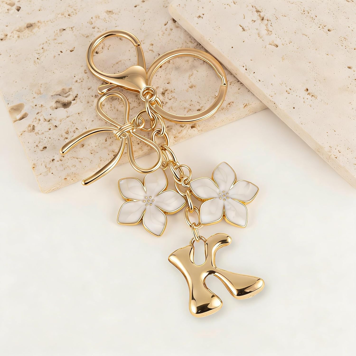 XGALBLA Gold Bubble Initial Letter Bow & Flower Keychain- Flower Letter Keychain for Women, Bag & Purse Charms for Handbag image 3