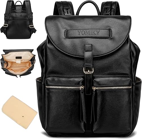 Yomiky Mochila de cuero para pañales para mujer con cambiador y múltiples bolsillos. Elegante y funcional