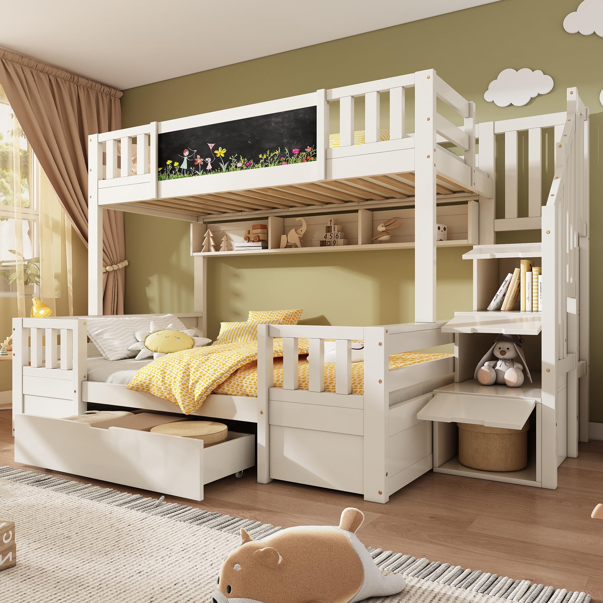 Sapgaks Lit superposé Enfants en Bois Massif 90/140x200 avec Tableau Noir, échelle de Rangement, 2 tiroirs,lit Enfant,Cadre de lit 2 Personne avec Garde-Corps et sommier à Lattes (A-Blanc)