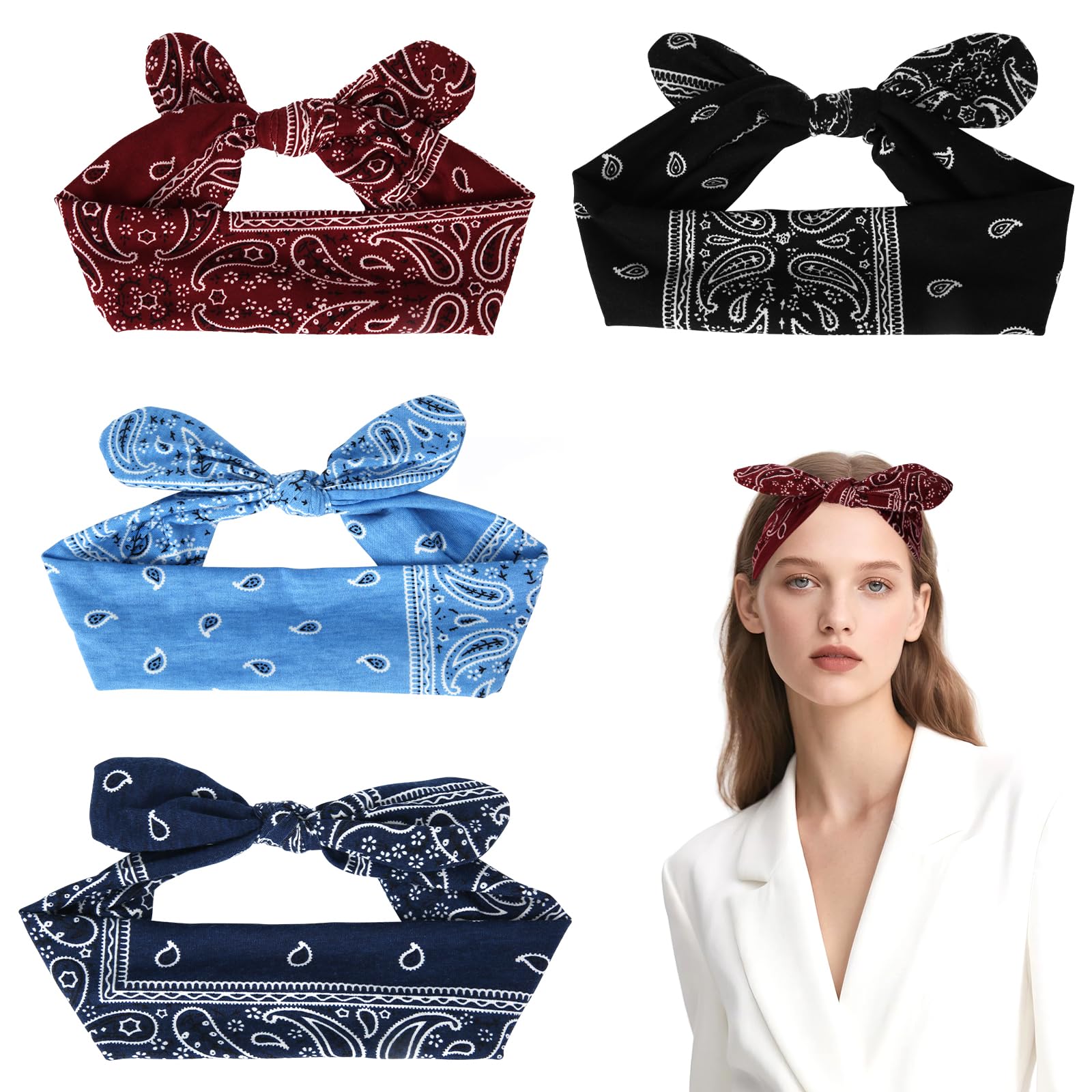 4pcs Knotted Bandana Headbands for Women Elastic Boho Bow Hair Wraps Head Bands Wraps Wide Headwraps Cute Hairbands for Women's Hair Accessories