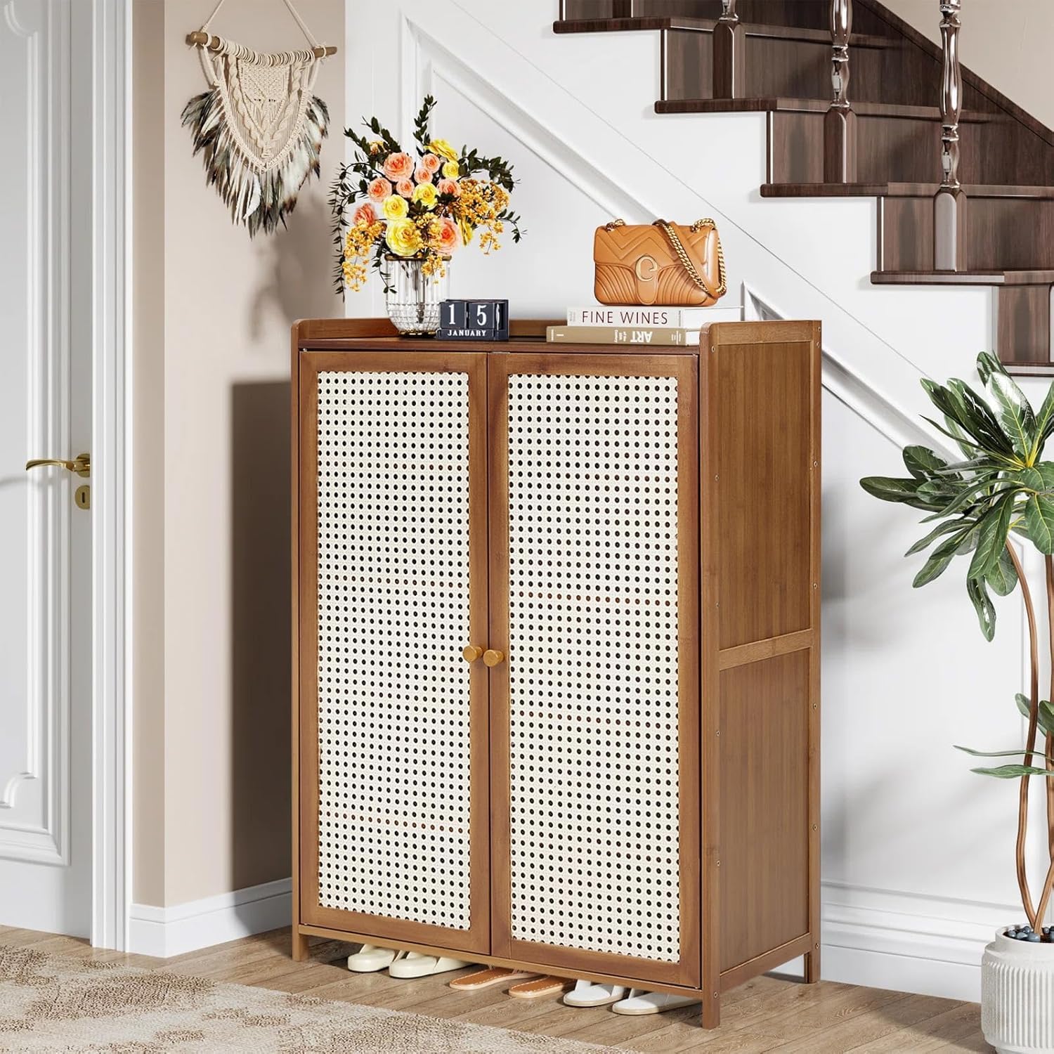 Warmiehomy Bamboo Shoe Cabinet With Doors for Hallway, Freestanding 6-Tiers Shoe Storage Cabinet, Brown — image 1